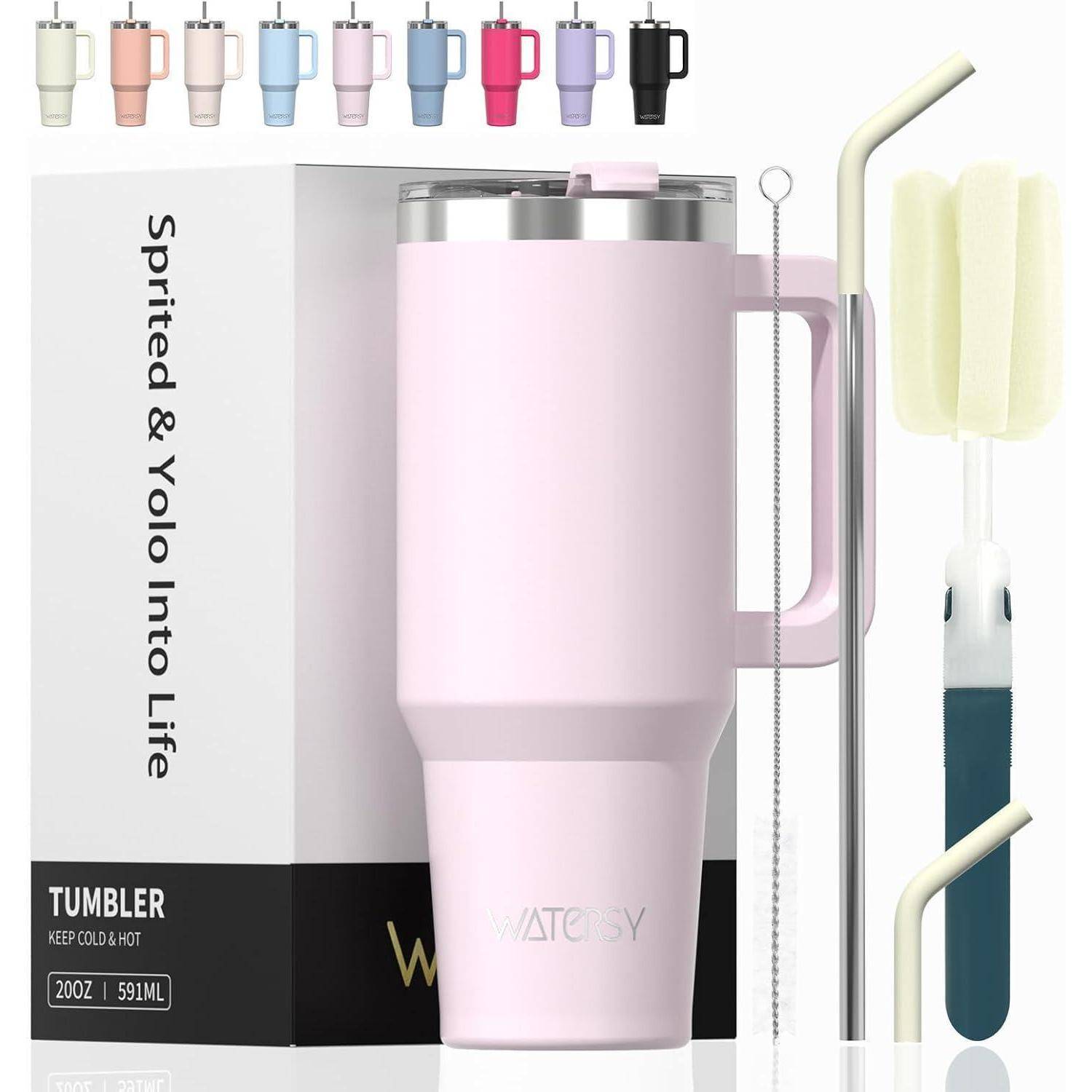 Rosa isolierter Thermobecher mit Henkel, Deckel, Strohhalm und Reinigungszubehör neben der Verpackungsbox. Verschiedene Farboptionen am oberen Rand dargestellt.