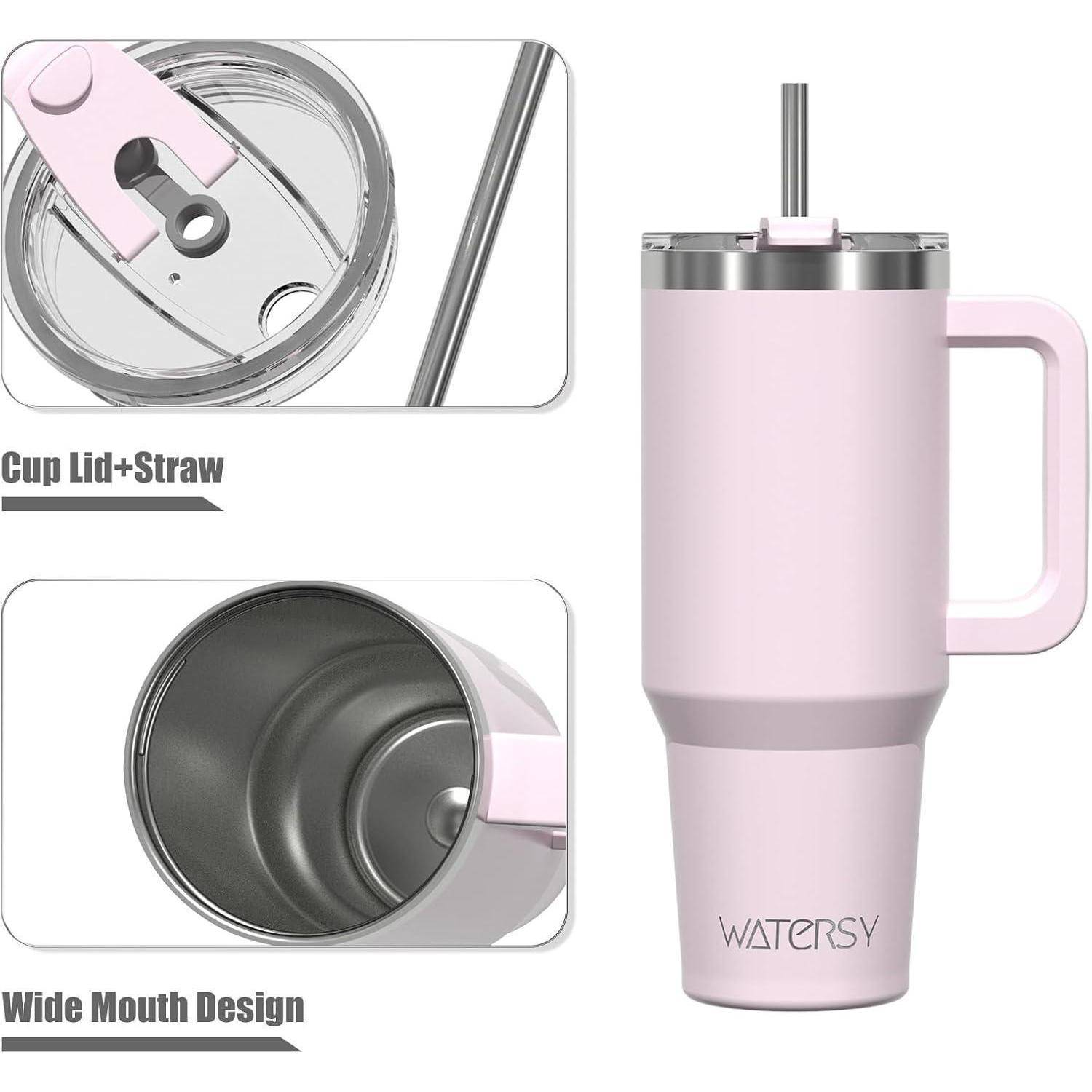 Hoher rosa Becher mit Henkel und Strohhalm, ausgestattet mit einem breiten Munddesign und einem sicheren Deckel. Markenname WATERSY auf dem Becher zu sehen.