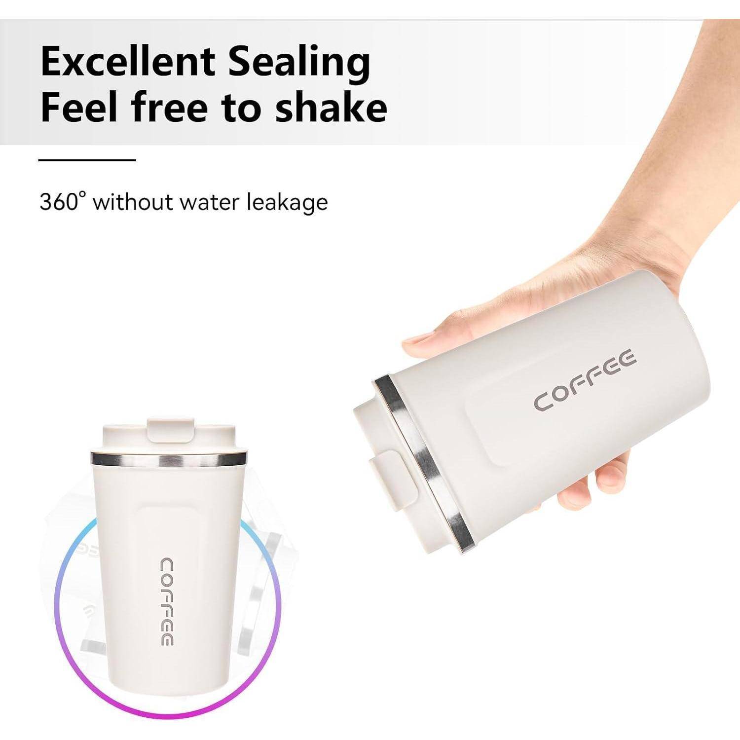 Hervorragende Dichtung Frei zum Schütteln. 360° ohne Wasserlecks.' Eine Hand hält eine Tasse mit der Aufschrift 'KAFFEE' und demonstriert das wasserdichte Design.