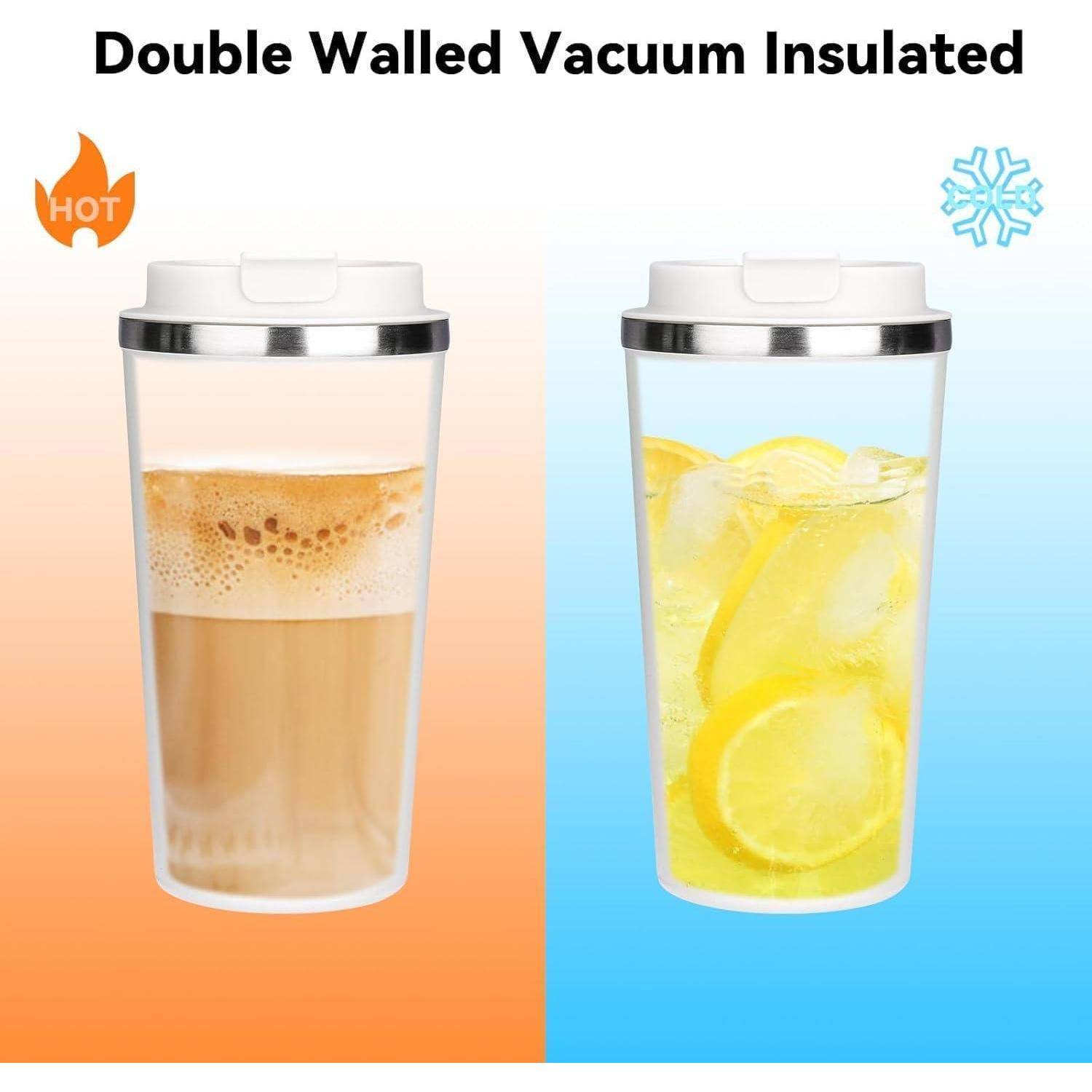 Doppelwandige Vakuum-Isolierte Trinkgläser: Eine Tasse mit heißem Kaffee, die andere mit Zitronenwasser. Symbole für Hitze und Kälte zeigen die Temperaturbeständigkeit.