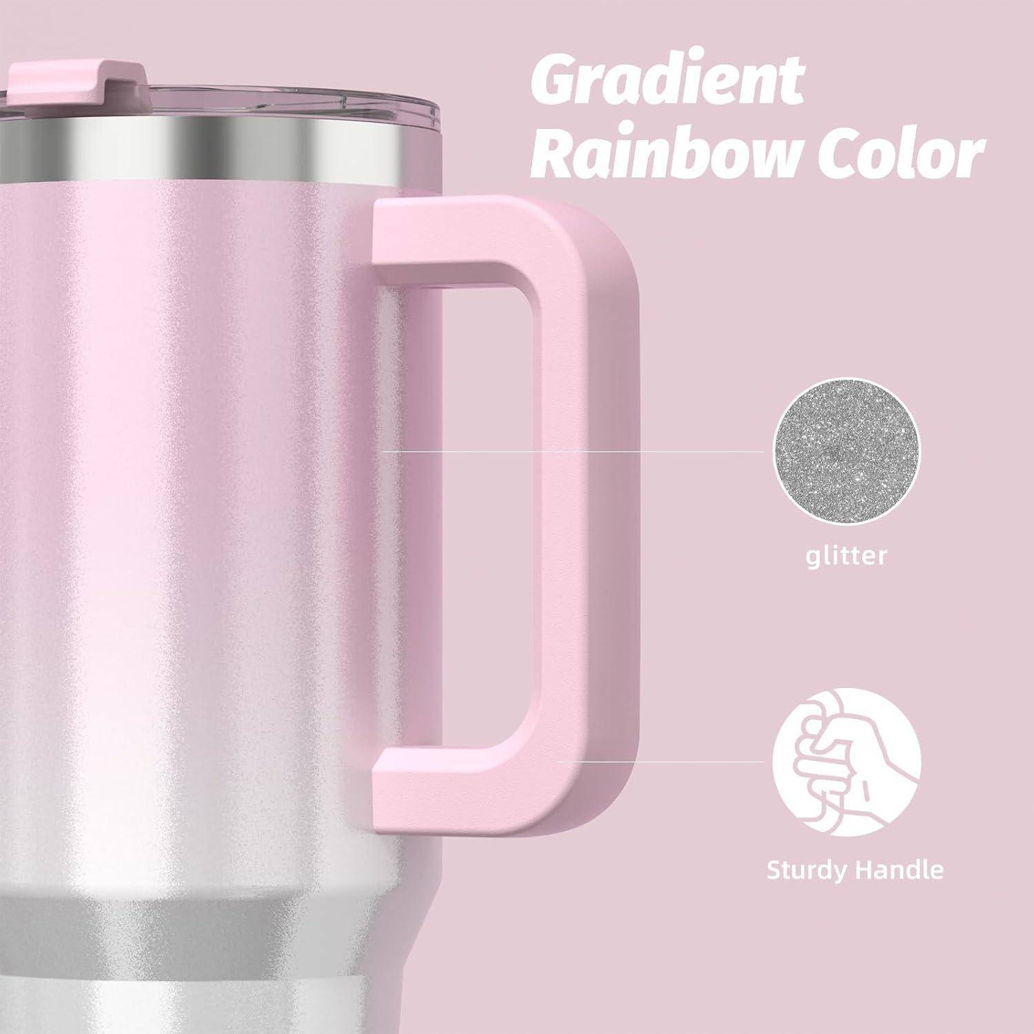 Ein pinker Trinkbecher mit der Aufschrift 'Gradient Rainbow Color', ausgestattet mit einem Glitzer-Finish und einem stabilen Henkel.