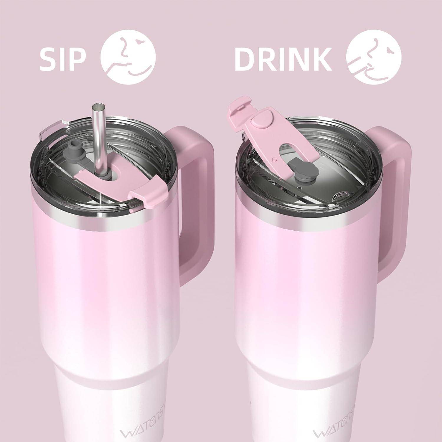 Becher mit Griff in zwei Konfigurationen dargestellt: links zum Trinken mit einem Strohhalm, rechts zum direkten Trinken.