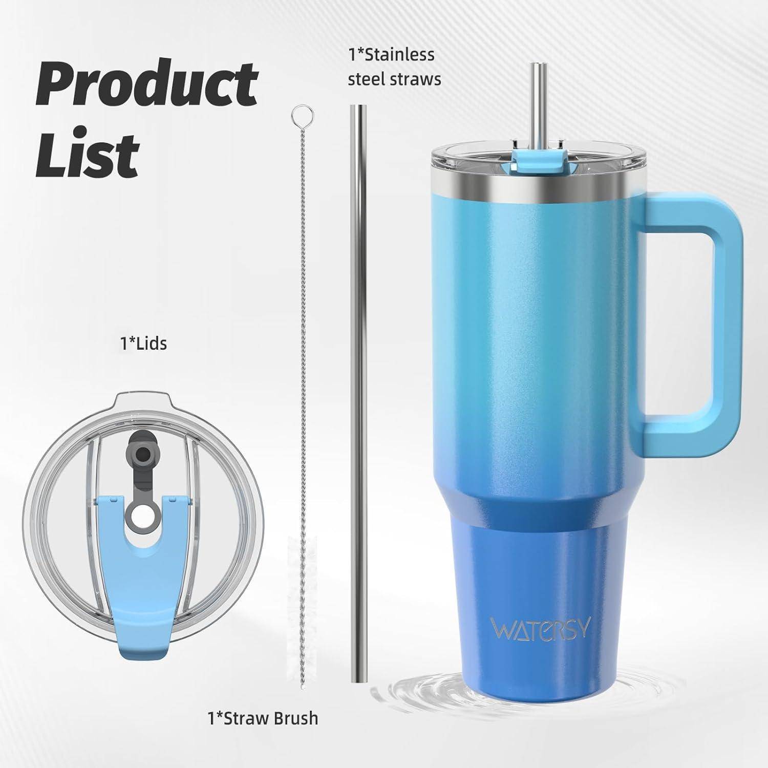 Blauer Gradient-Reisebecher mit Griff, einem Deckel, zwei Edelstahlstrohhalmen und einer Reinigungsbürste. Text lautet 'Produktliste'.