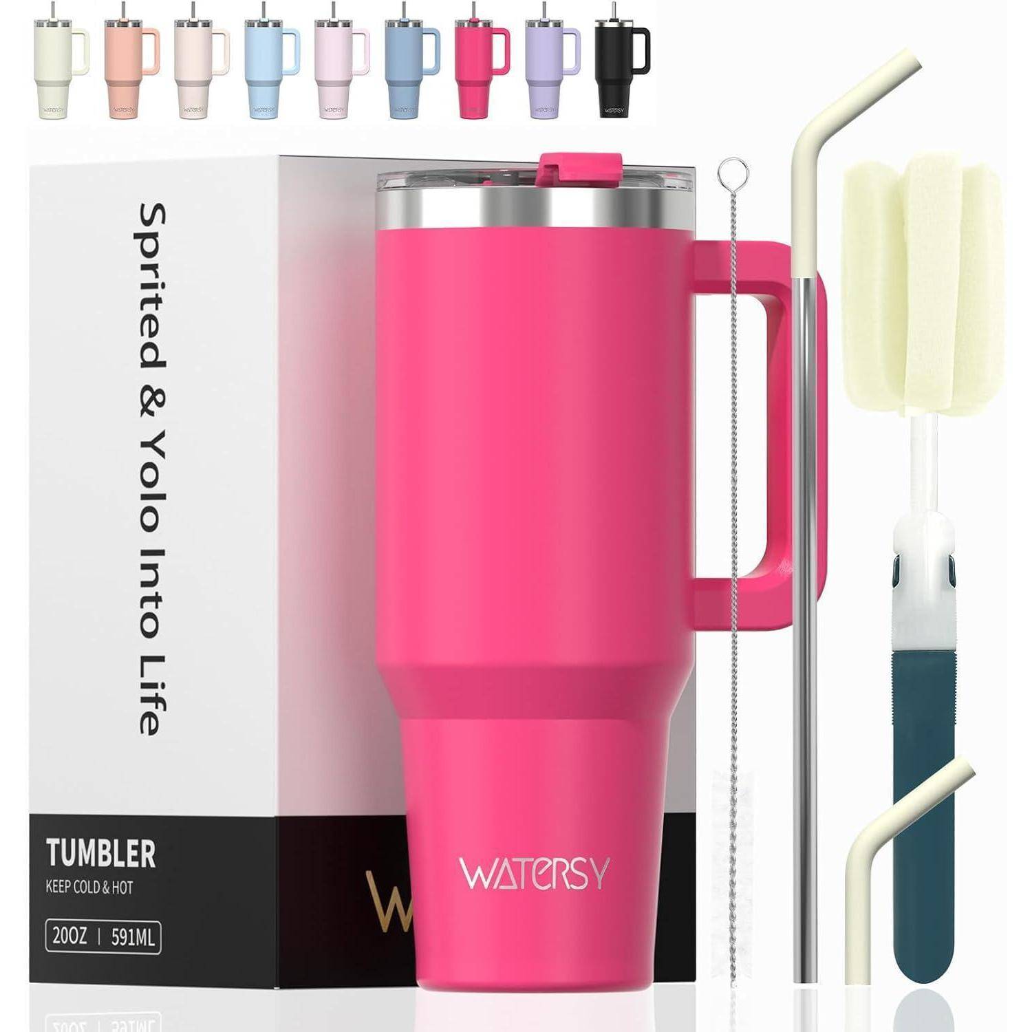 Ein rosa Tumbler mit Henkel, Strohhalm, Strohhalmbürste, Schwammwischer und Verpackungsbox. Text auf der Box: 