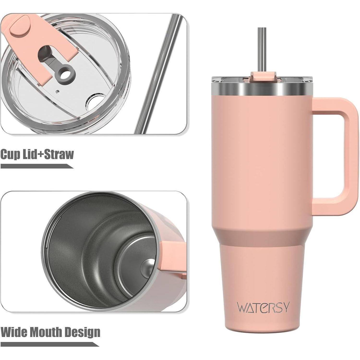 Watersy' Pinke Tasse mit Henkel, Weithalskonstruktion und Deckel mit Strohhalm. Merkmale umfassen einfaches Trinken und einen sicheren Verschluss.