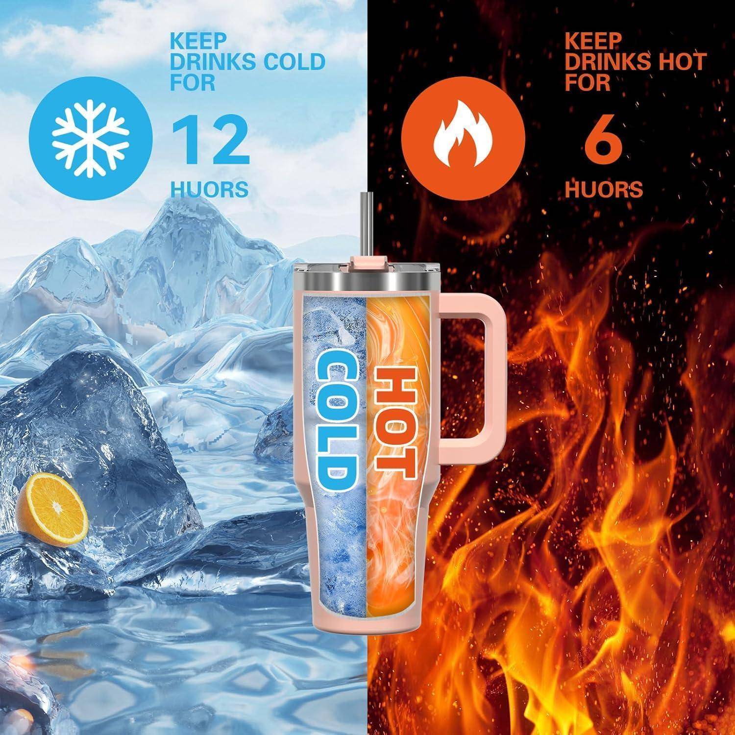 Isolierter Becher mit Eis- und Feuer-Design hält Getränke 12 Stunden kalt und 6 Stunden heiß. Eis auf der linken und Feuer auf der rechten Seite.