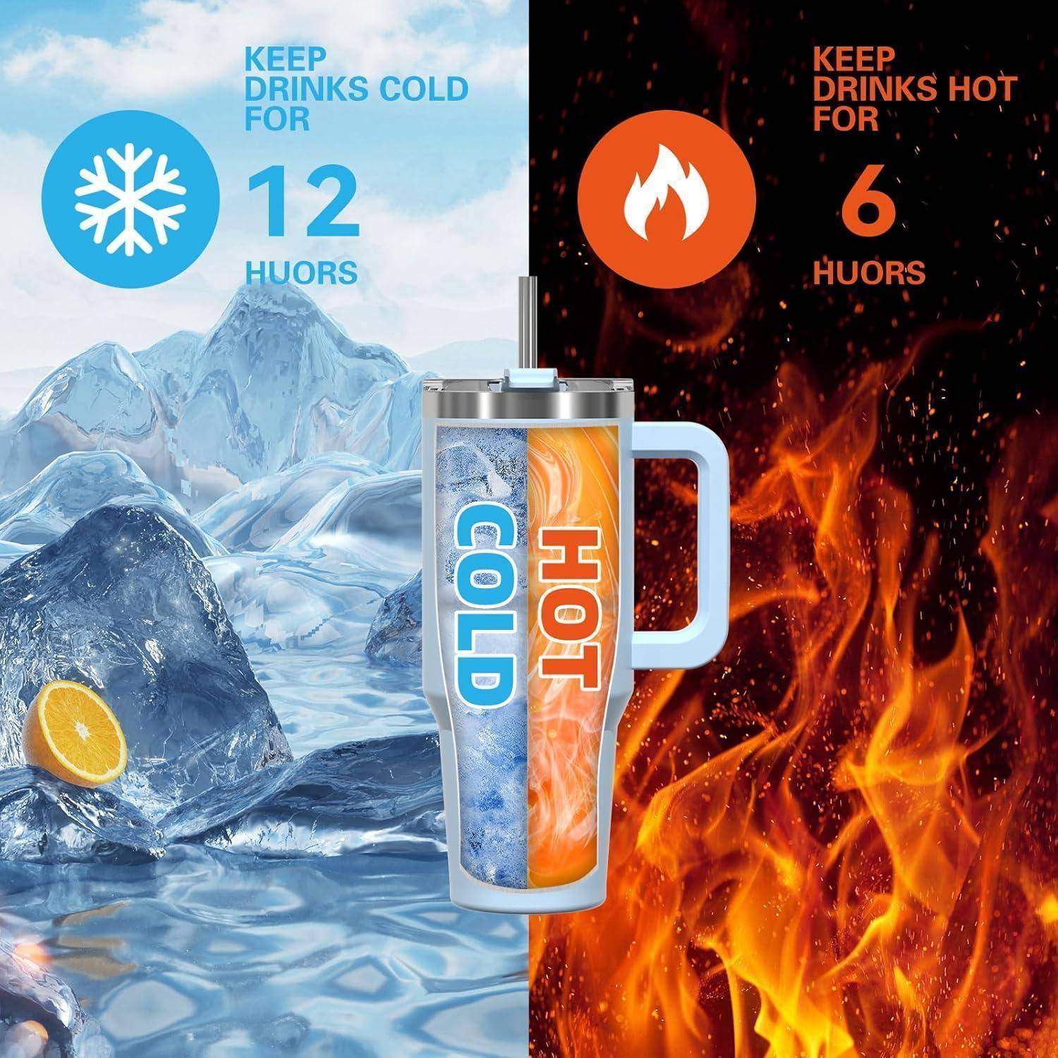 Ein Thermobecher mit Eis- und Feuer-Hintergrund zeigt 'Hält Getränke 12 Stunden kalt' mit einem Schneeflocken-Symbol und 'heiß für 6 Stunden' mit einem Flammen-Symbol.