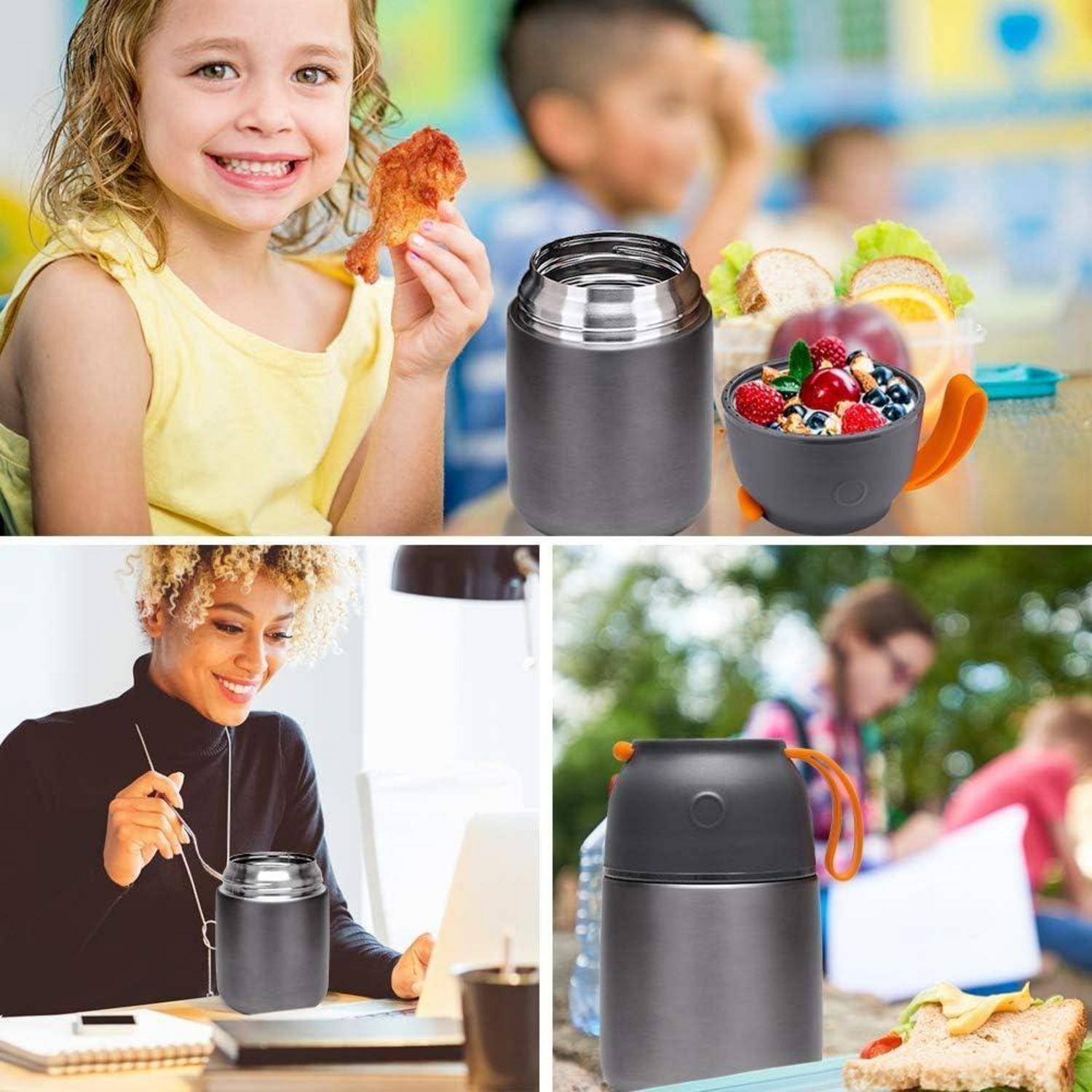 Kinder und Erwachsene verwenden Lebensmittelbehälter aus Edelstahl, die Mahlzeiten wie Obst und Snacks enthalten und dabei ihre Vielseitigkeit in verschiedenen Situationen unter Beweis stellen.