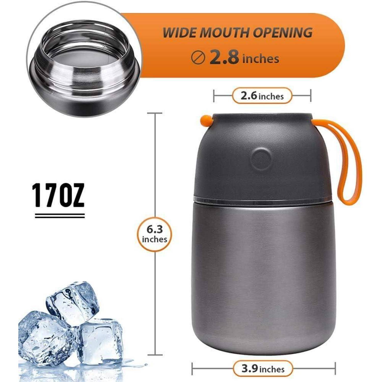 Graue isolierte Flasche mit orangefarbenem Griff, mit der Beschriftung '17oz', verfügt über eine 2,8 Zoll weite Öffnung, eine Breite von 3,9 Zoll und eine Höhe von 6,3 Zoll.