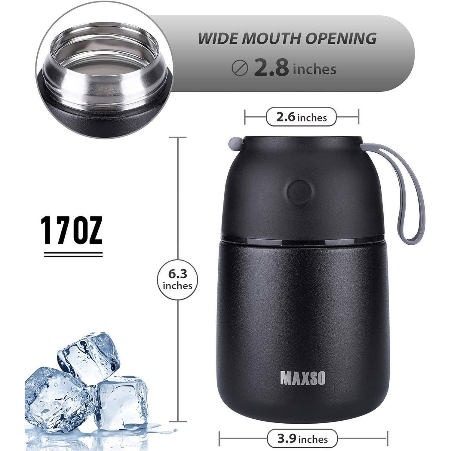 Schwarze Thermoskanne mit einer Kapazität von 170 Unzen, beschriftet mit 'MAXSO'. Sie verfügt über eine breite Öffnung von 2,8 Zoll und misst 6,3 Zoll in der Höhe und 3,9 Zoll in der Breite, und es befinden sich Eiswürfel daneben.