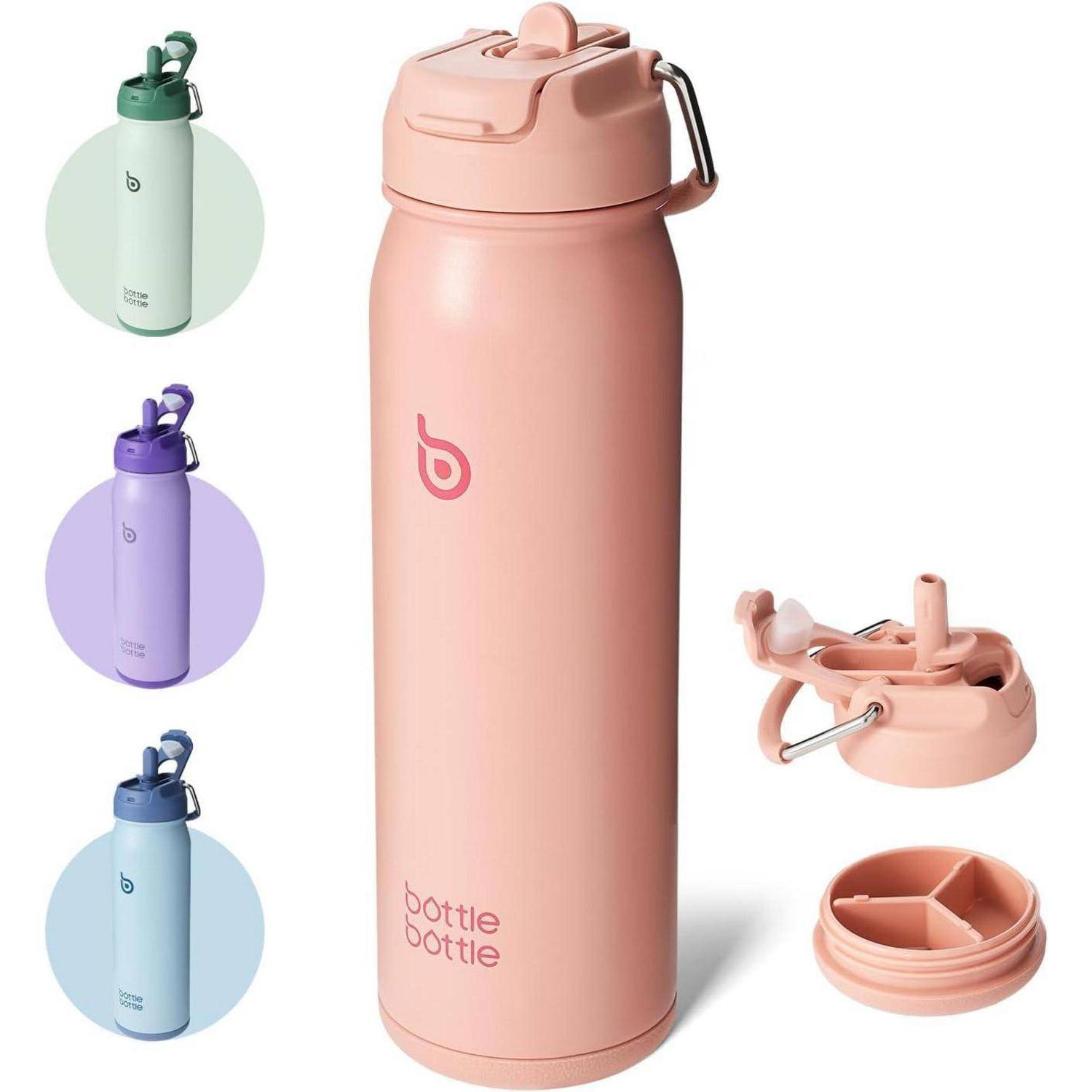 Isolierte Wasserflasche in rosa Farbe mit auslaufsicherem Deckel, gezeigt mit austauschbaren Deckeln in Grün, Lila und Blau.