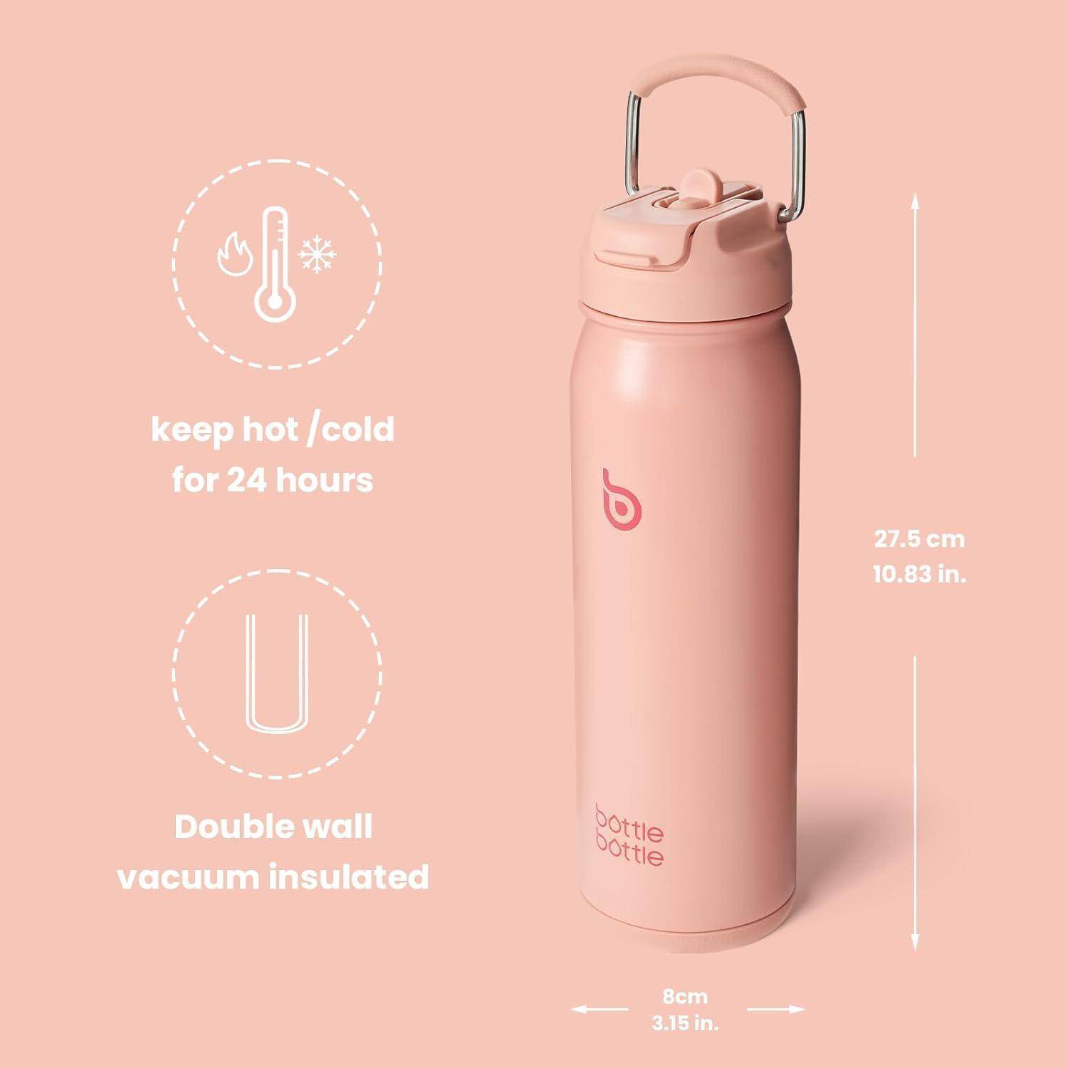Rosa isolierte Flasche mit Griff, 'bottle bottle' Logo. Text: 'Hält heiß/kalt für 24 Stunden', 'Doppelwandige Vakuum-Isolierung'. Größe: 27,5 cm Höhe, 8 cm Durchmesser.