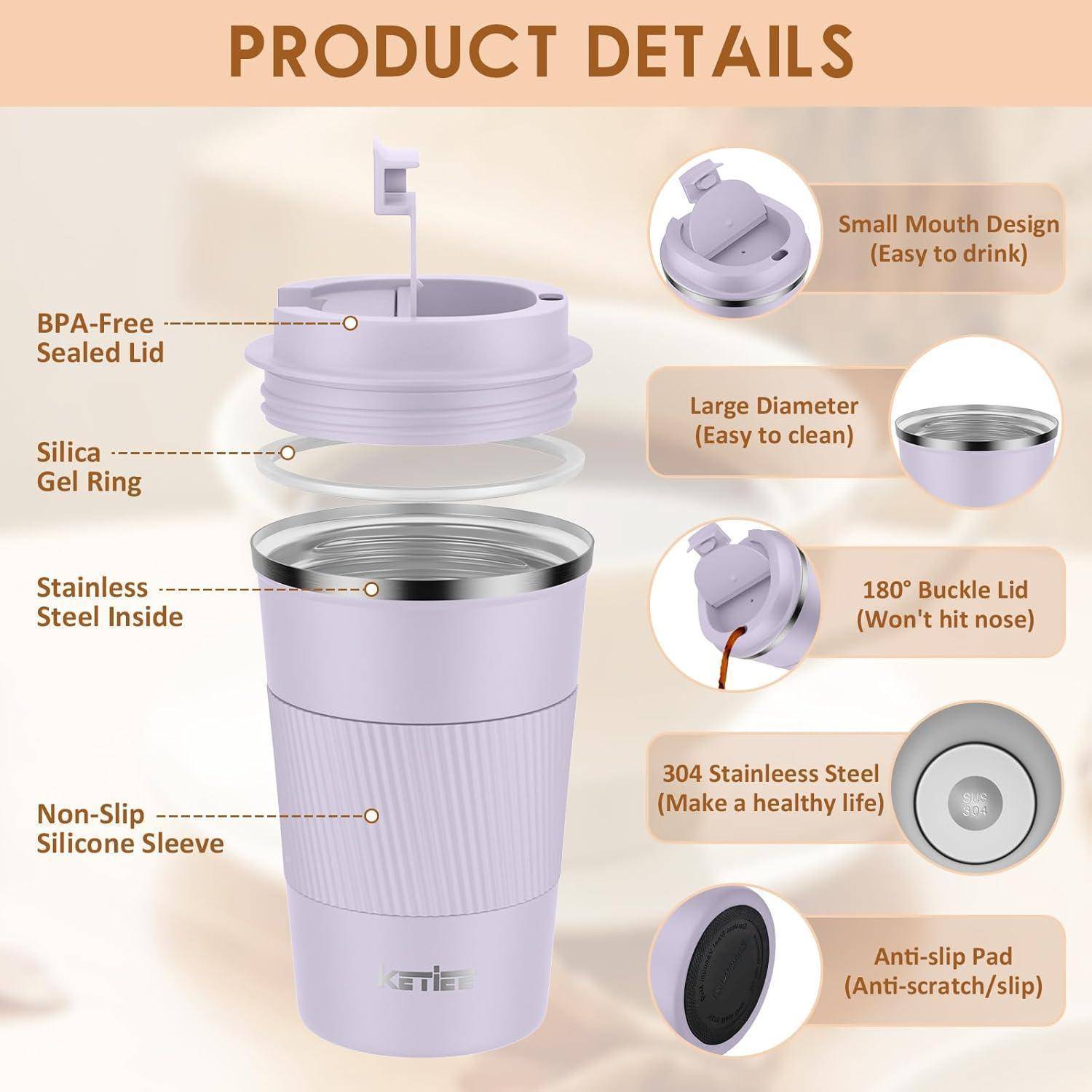 Tumbler-Eigenschaften: BPA-freier versiegelter Deckel, Edelstahlkörper, rutschfeste Silikon-Manschette, großer Durchmesser, 180°-Verschlussdeckel, kompaktes Trinkdesign.