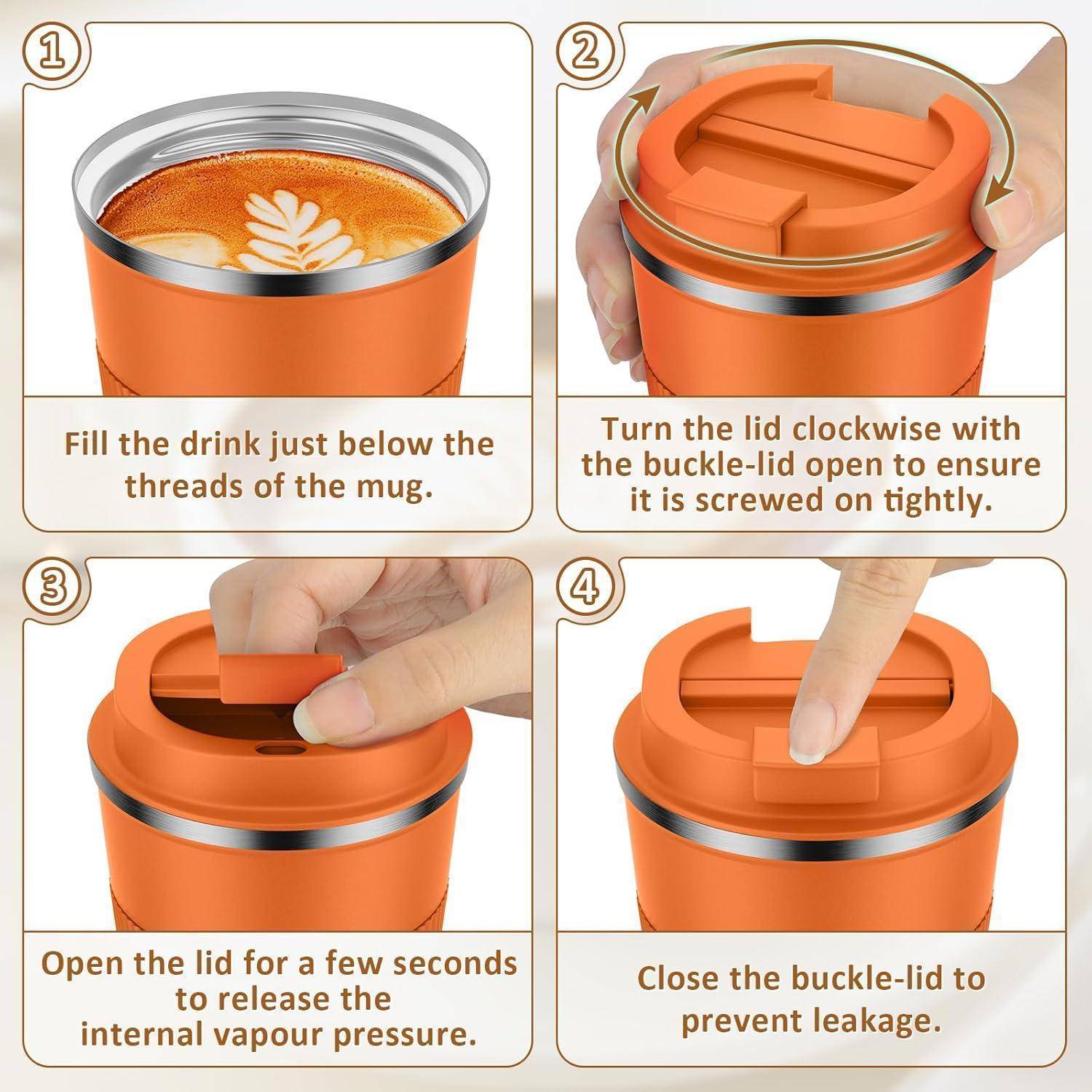 Eine Schritt-für-Schritt-Anleitung zur Verwendung einer orangefarbenen Tasse mit Schraubdeckel und Schnappverschluss. Schritte: 1) Befüllen, 2) Deckel im Uhrzeigersinn festschrauben, 3) Schnappverschluss öffnen, um Druck zu reduzieren, 4) Schließen, um Auslaufen zu verhindern.