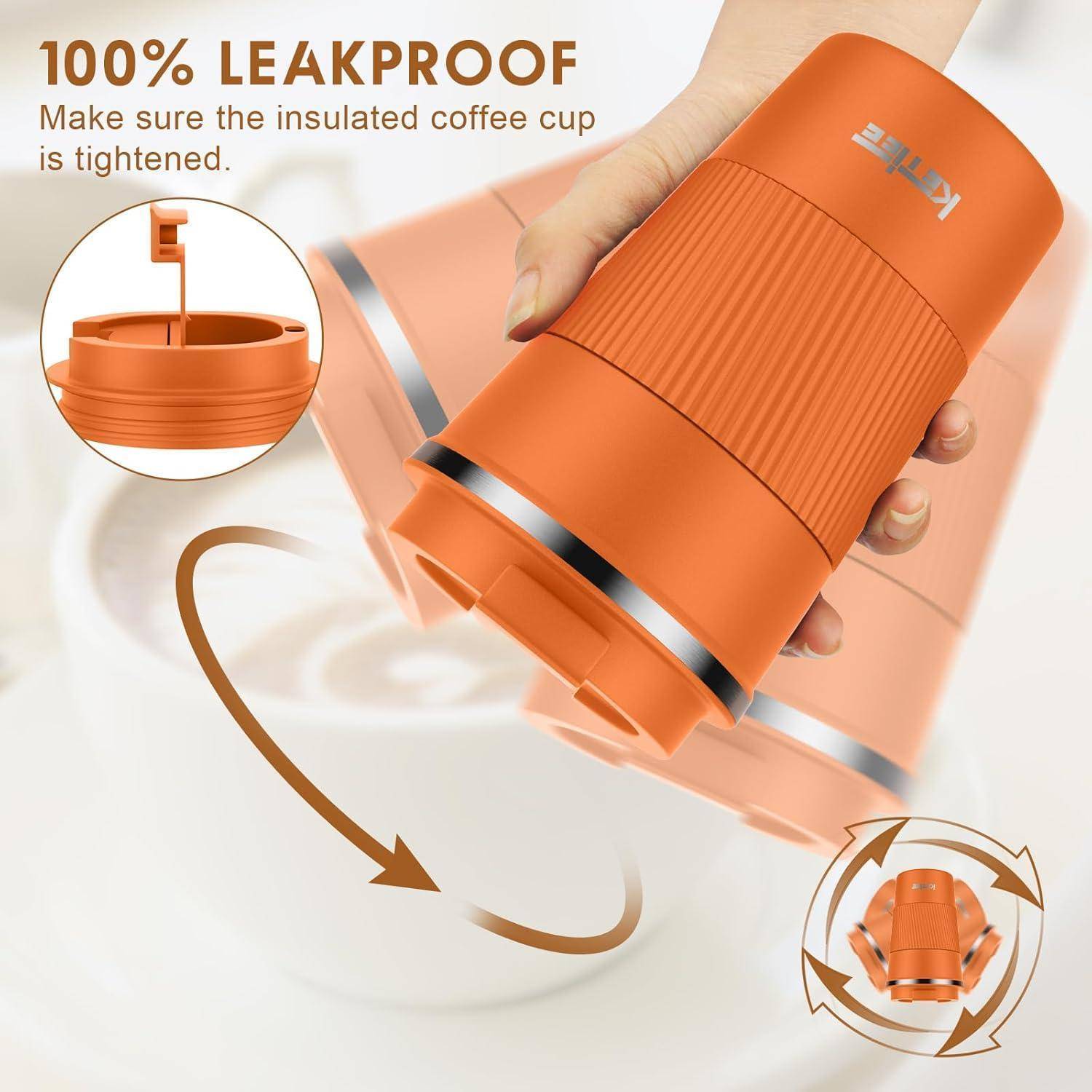 Hand hält eine orange isolierte Kaffeetasse mit einem sicheren Deckel, hervorgehoben als „100% auslaufsicher