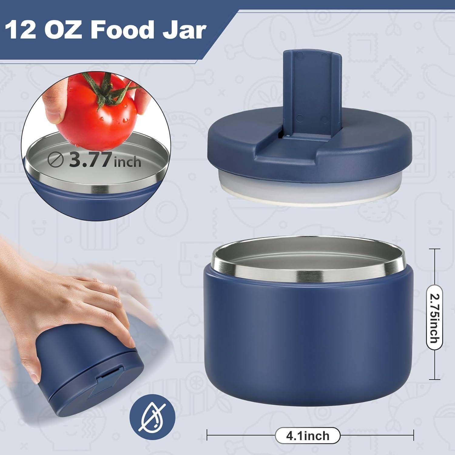 12 Unzen Lebensmittelbehälter' mit einem blauen Deckel; eine Hand, die den Deckel des Behälters hält. Die Abmessungen betragen 4,1 Zoll Breite und 2,75 Zoll Höhe.