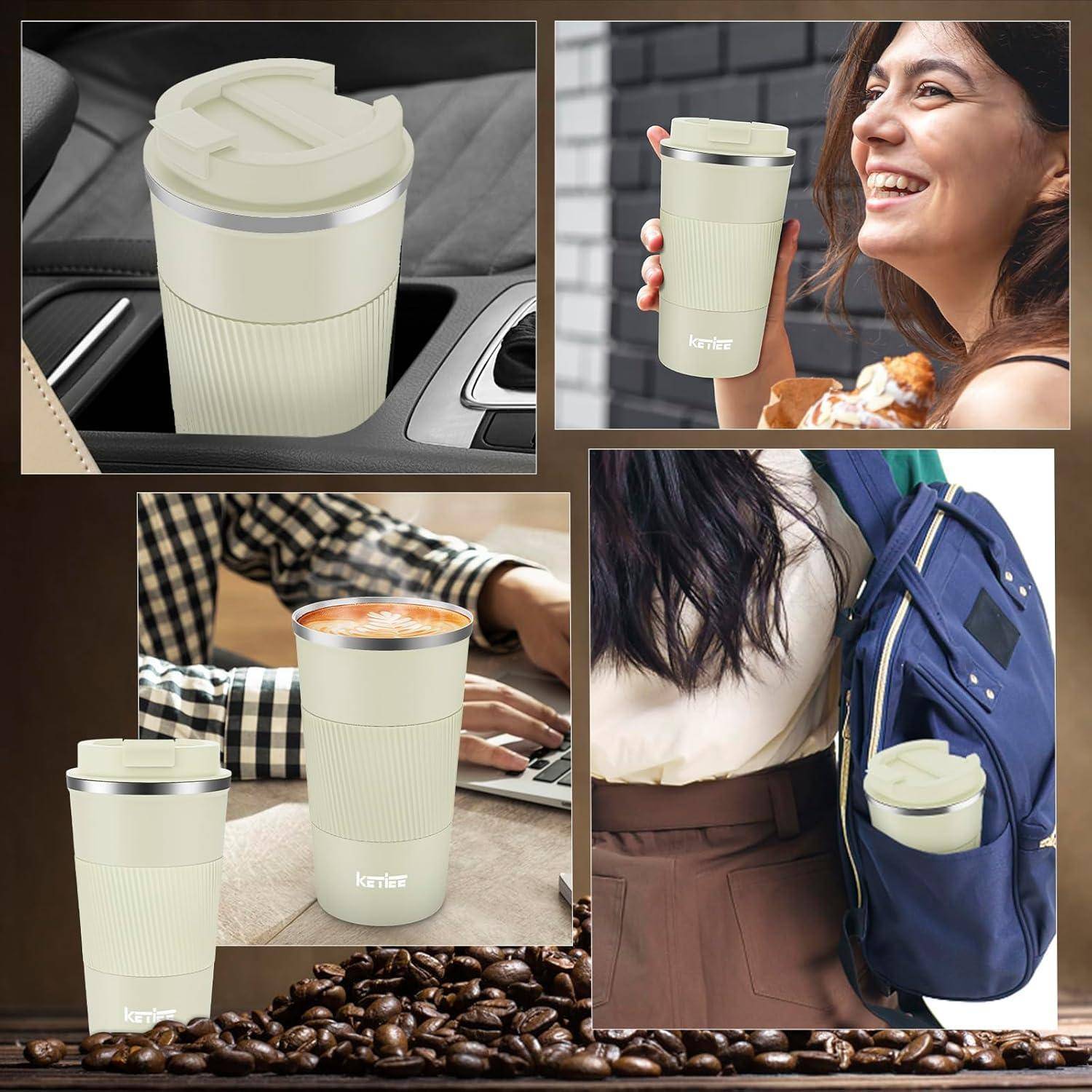 Eine Collage zeigt einen wiederverwendbaren Kaffeebecher in verschiedenen Situationen: in einem Autohalter, auf einem Tisch, von einer lächelnden Person gehalten und in einer Rucksacktasche.