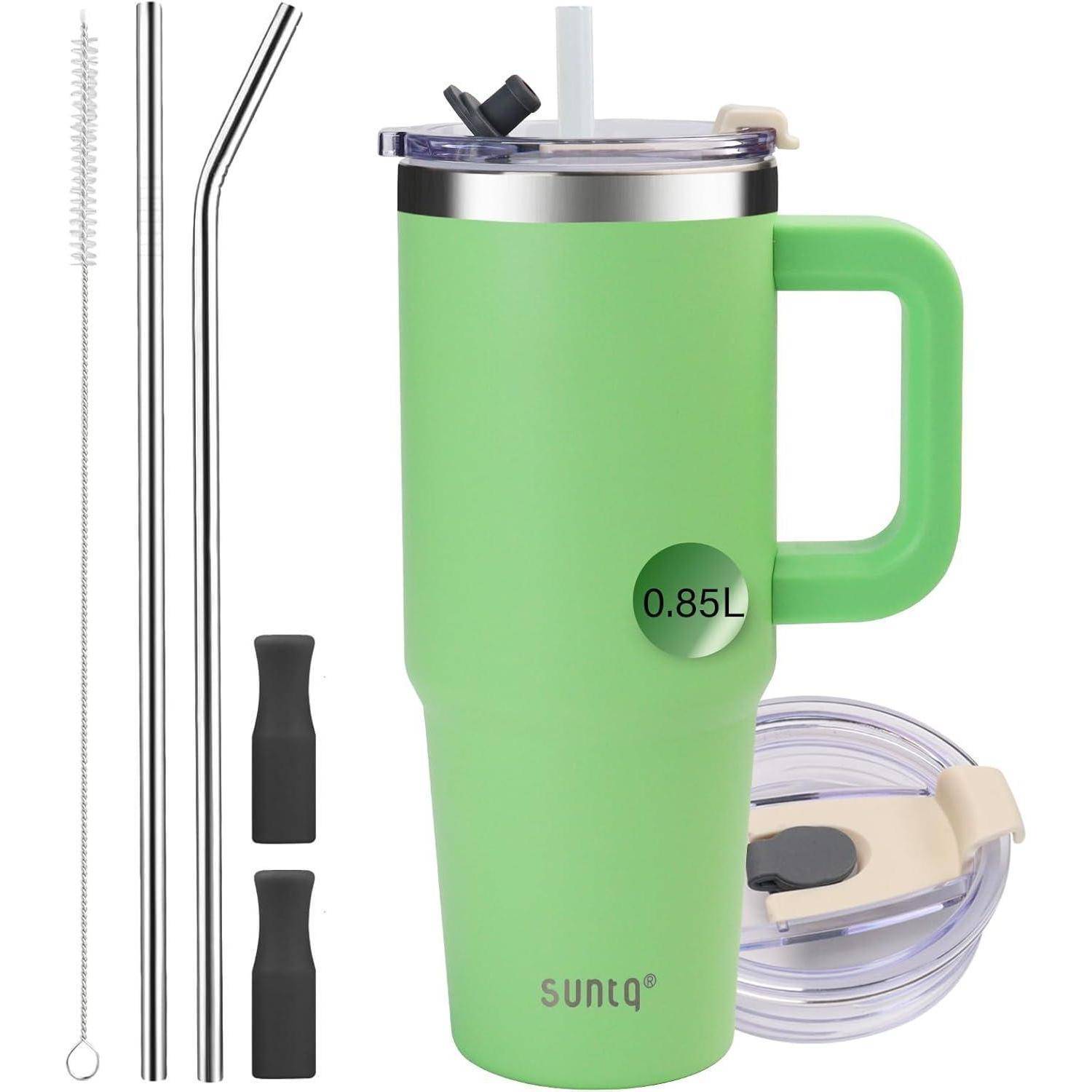 Grüne isolierte Trinkflasche mit Griff, abnehmbarem Deckel, 0,85L Fassungsvermögen; enthält zwei Metallstrohhalme, Silikonspitzen und Reinigungsbürste.