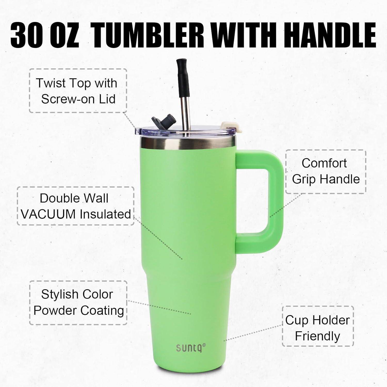 Grüner 30 oz Thermobecher mit komfortablem Griff, Deckel mit Drehverschluss, doppelwandiger Vakuumisolierung und Pulverbeschichtung. Becherhalter-freundlich.