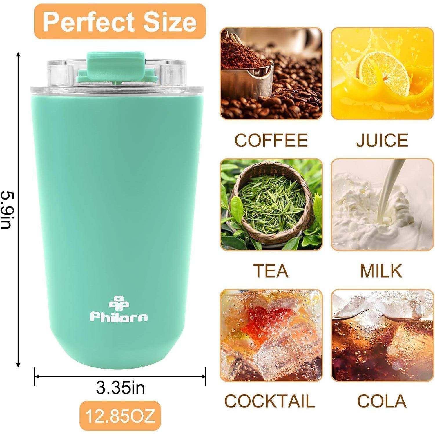 Türkisfarbener Becher mit Aufschrift 'Perfekte Größe', 23 cm Höhe, 8,5 cm Breite, 380 ml Fassungsvermögen. Geeignet für Kaffee, Saft, Tee, Milch, Cocktails, Cola.