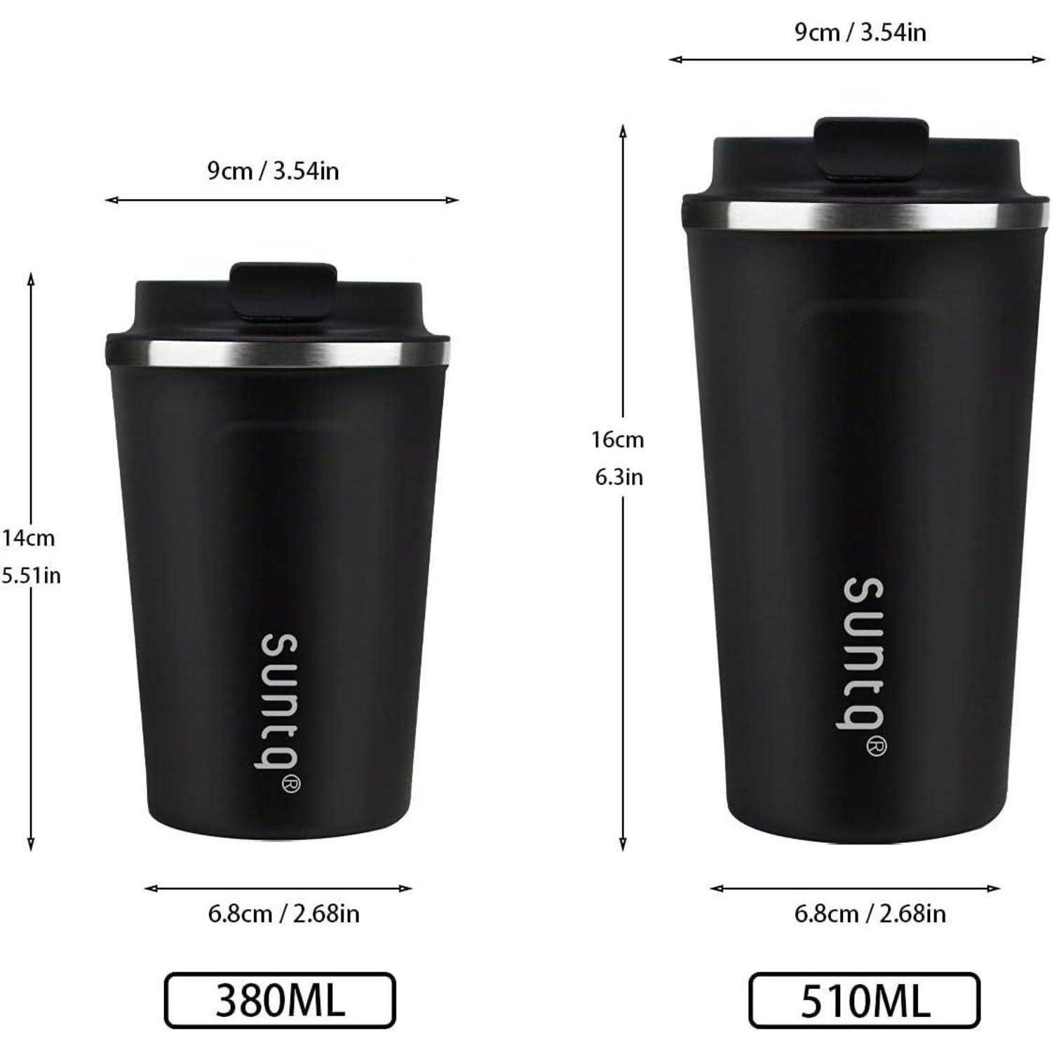 Zwei schwarze Thermosbecher mit der Aufschrift „suntq
