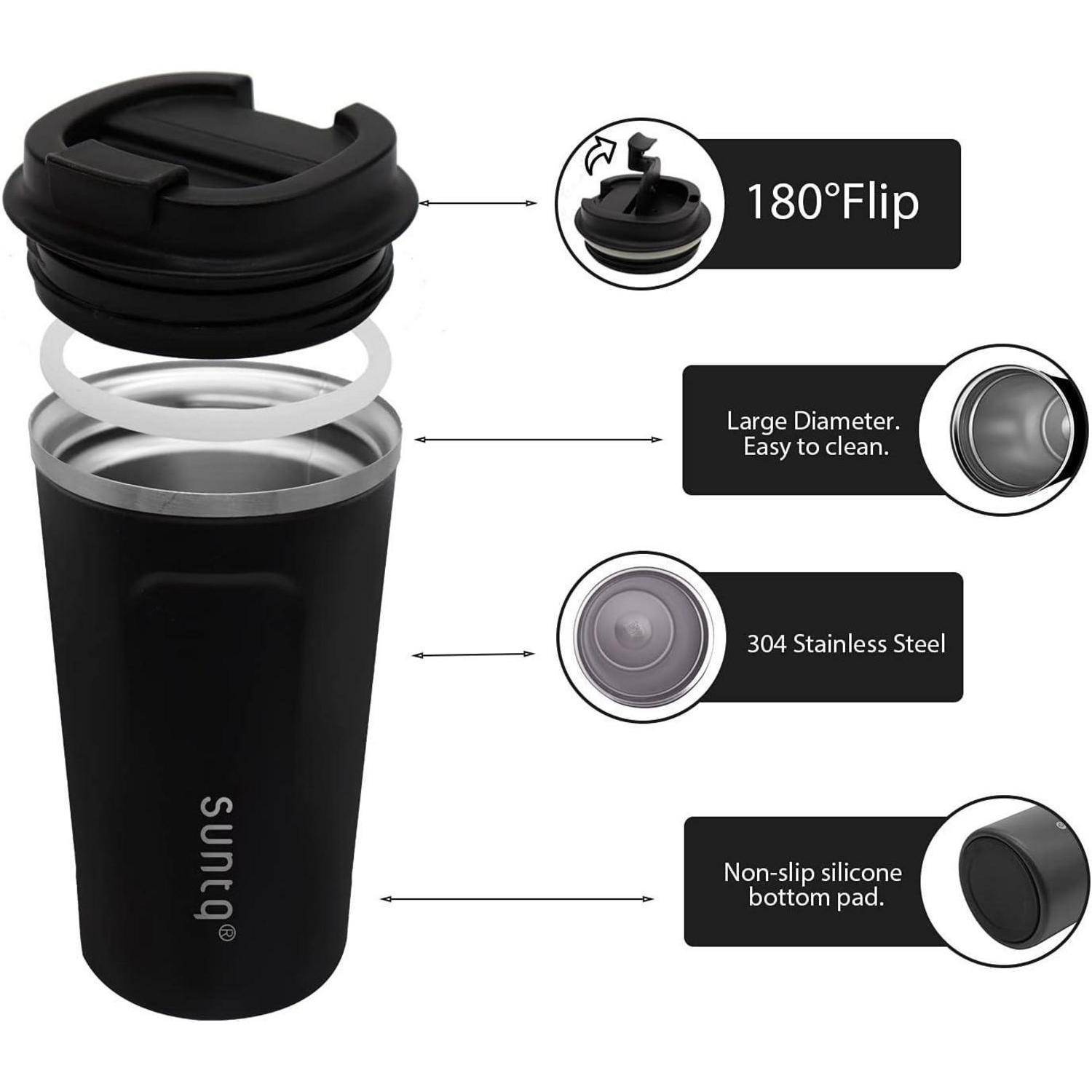 Edelstahl-Thermobecher mit '180° Flip'-Deckel, großem Durchmesser und rutschfestem Silikonboden. Einfach zu reinigen und zu handhaben.