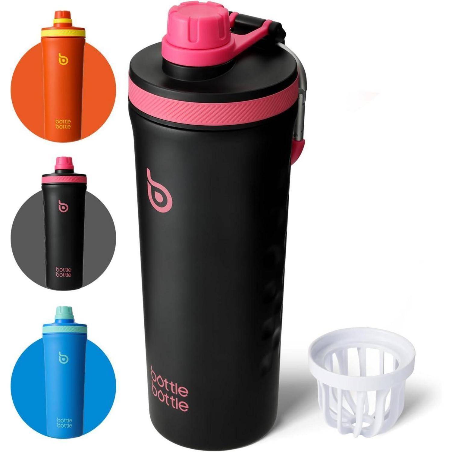 Schwarze isolierte Wasserflasche mit rosa Deckel, die zusammen mit drei Farbvariationen und einem herausnehmbaren Infuser-Korb gezeigt wird.