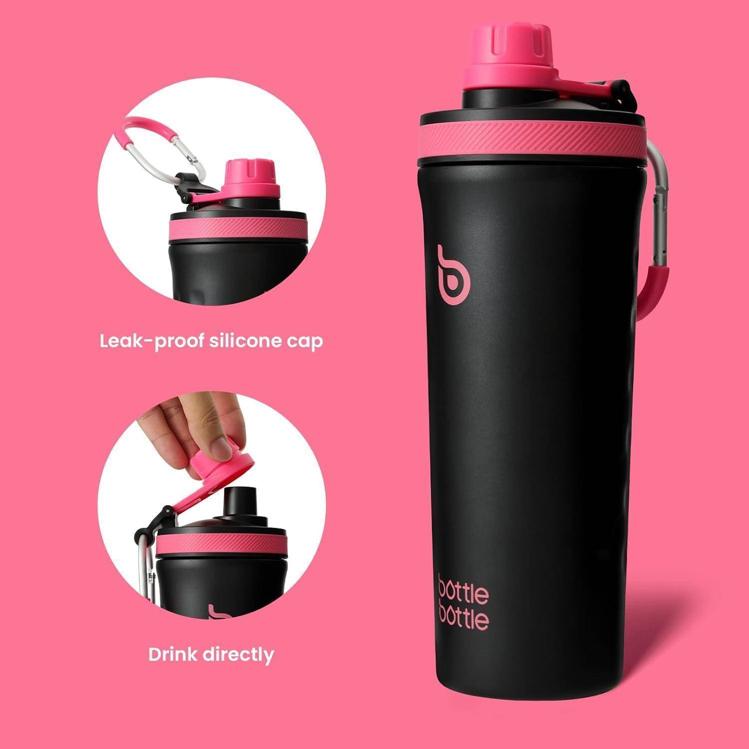Schwarze und pinke wiederverwendbare Flasche mit auslaufsicherem Silikondeckel und Klappdeckel zum direkten Trinken. Inklusive Verschluss und Trageschlaufe.