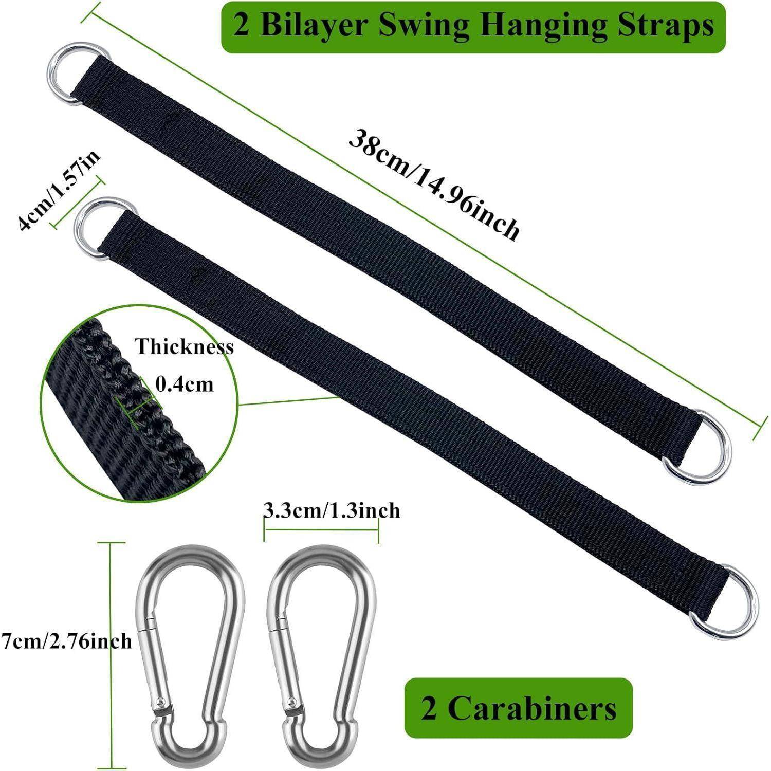 2 Bilayer Swing Hängeseile mit zwei schwarzen Seilen, jeweils 38 cm lang, 4 cm breit und 0,4 cm dick, inklusive zwei Metallkarabinern.