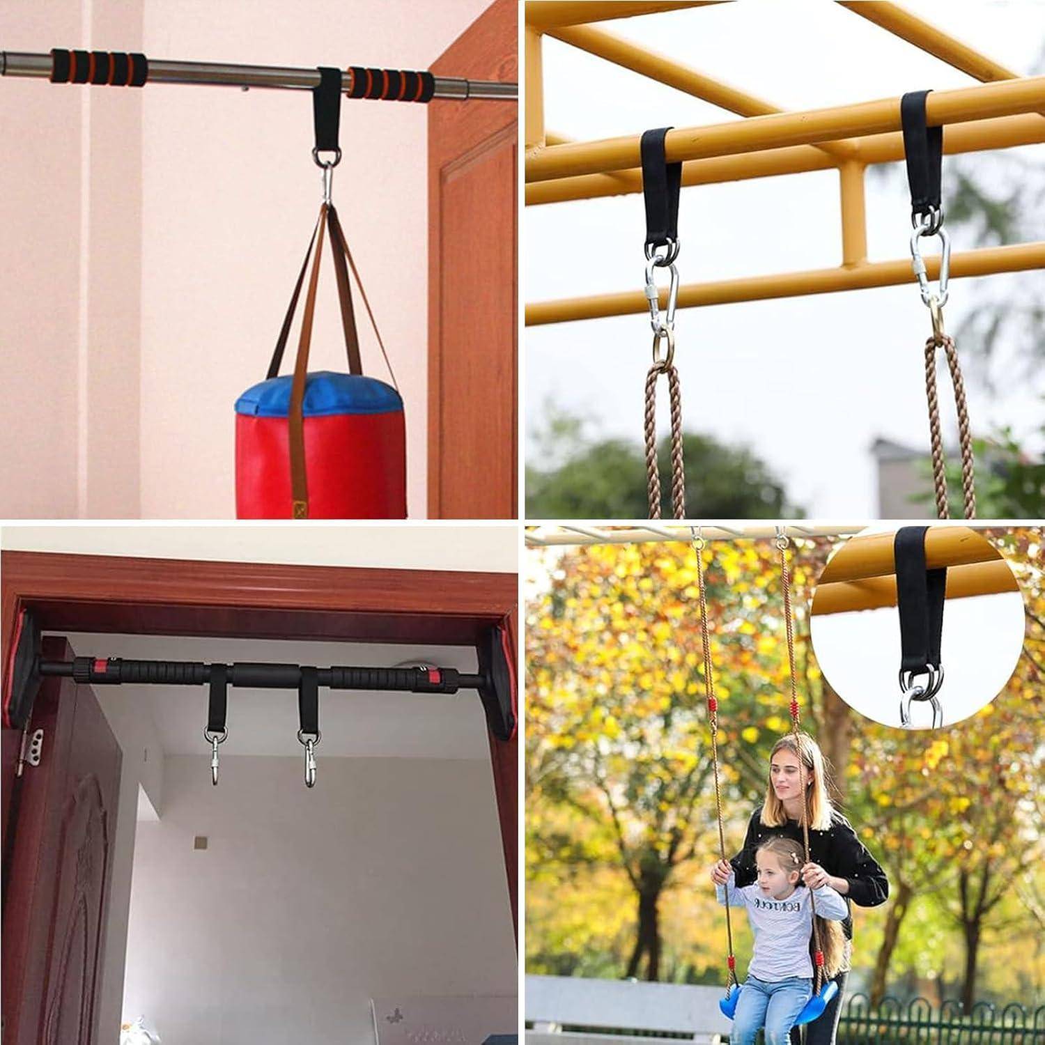 Verschiedene Aufstellungsmöglichkeiten einer Klimmzugstange: drinnen mit einem Sandsack, draußen an Schaukeln und in einem Türrahmen. Zeigt Vielseitigkeit und Nutzungsmöglichkeiten.