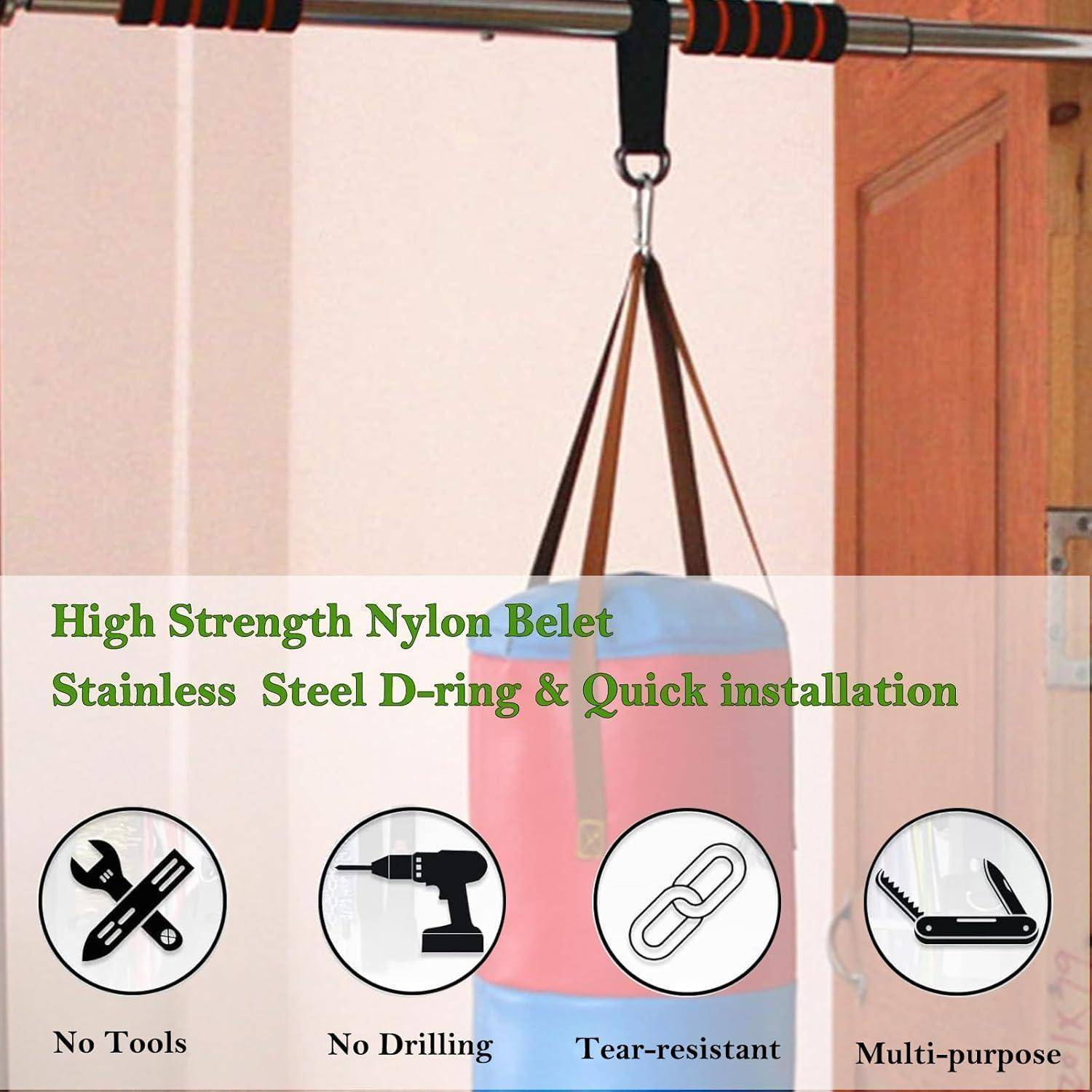Türrahmen-Klimmzugstange mit angebrachten Befestigungsriemen für Übungen. Texthervorhebungen: 'Hochfester Nylongurt', 'Edelstahl-D-Ring', 'Schnelle Installation