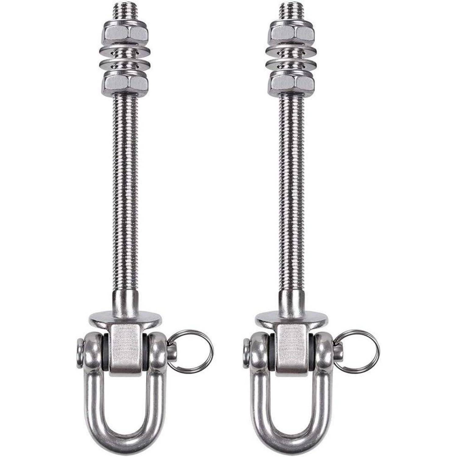 Zwei identische Spannschlösser aus Edelstahl mit Haken und verstellbaren Stäben, die zum Spannen von Kabeln oder Seilen in Riggingsystemen verwendet werden.