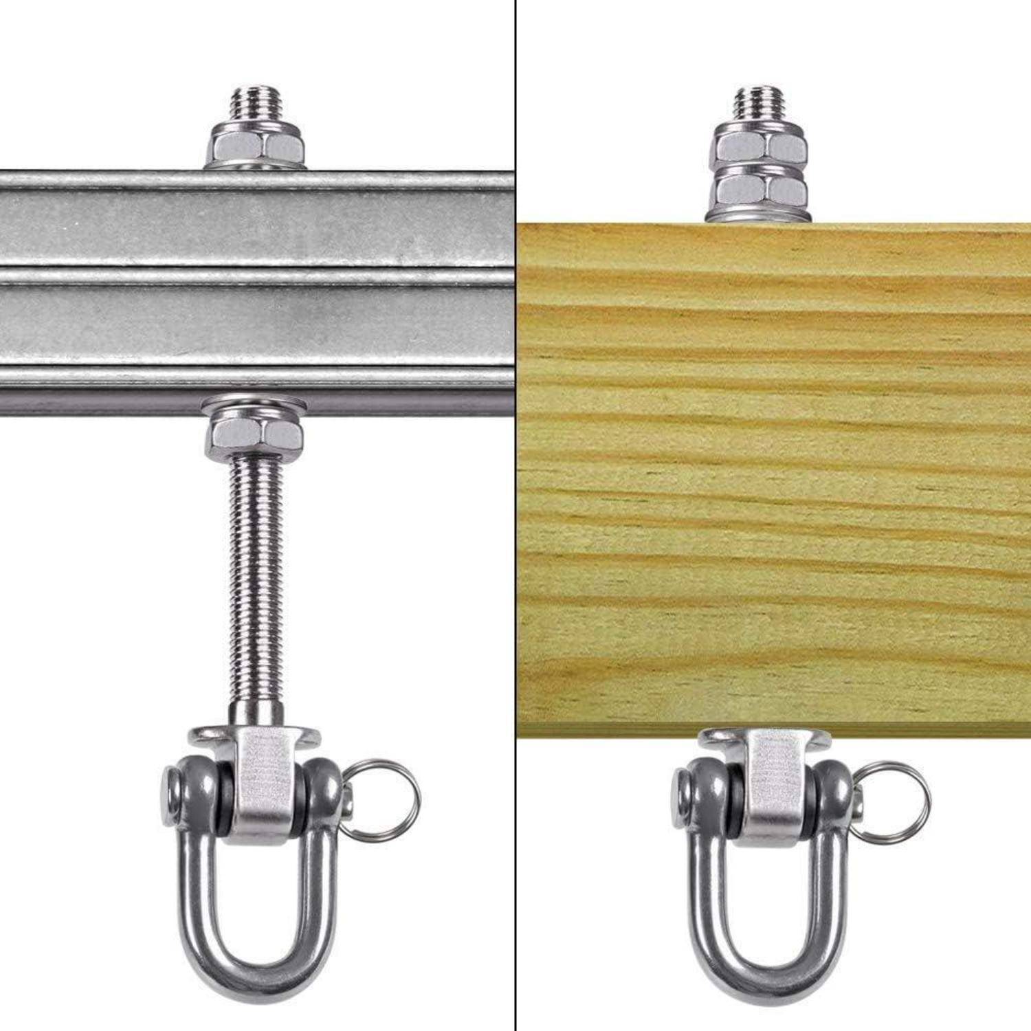 Nahaufnahme eines Metallklemmensystems auf Stahl (links) und Holz (rechts), die eine sichere Befestigung mit Schrauben, Unterlegscheiben und U-förmigen Befestigungselementen zeigt.
