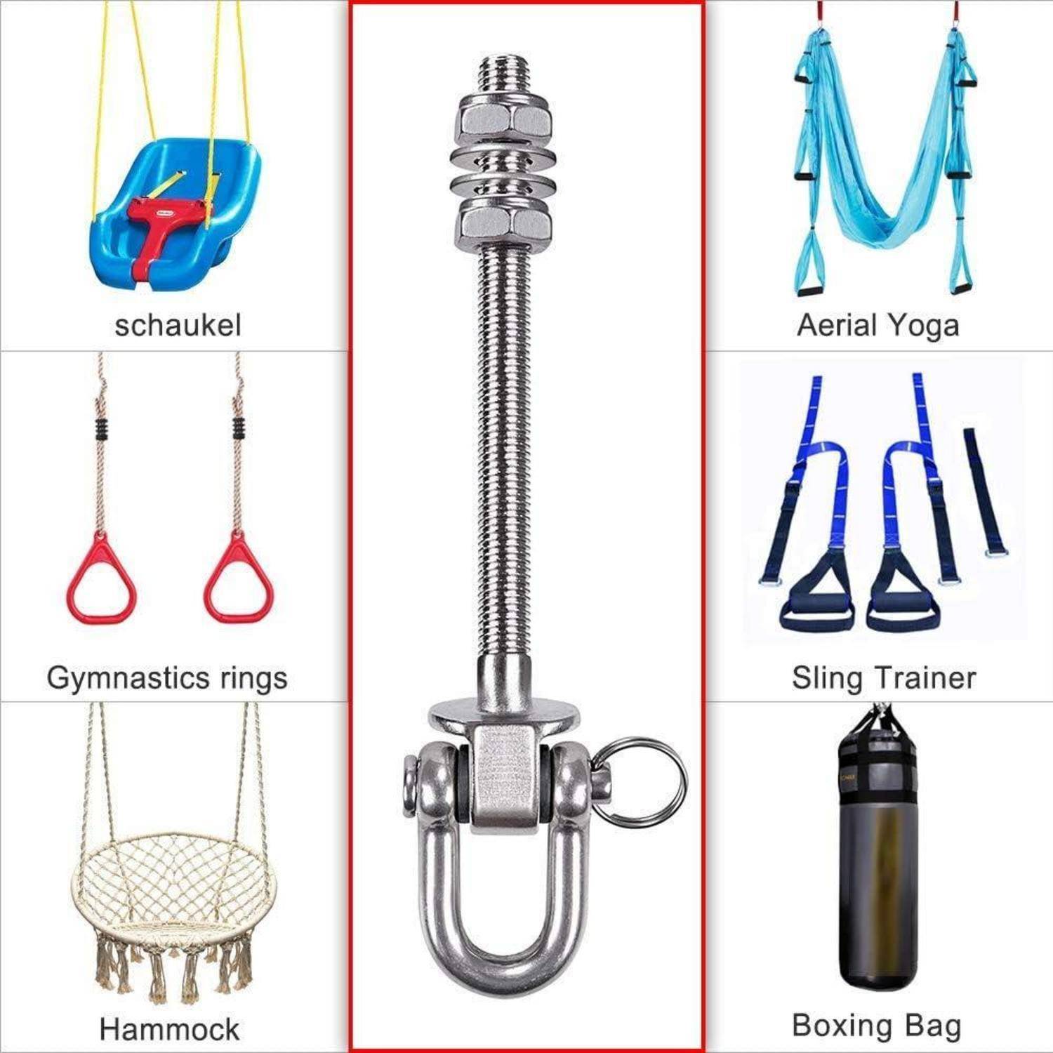 Stahl-Haken-System zum Aufhängen von Schaukeln, Aerial Yoga, Turnringen, Schlingentrainern, Hängematten und Boxsäcken, mit Bildern dargestellt.