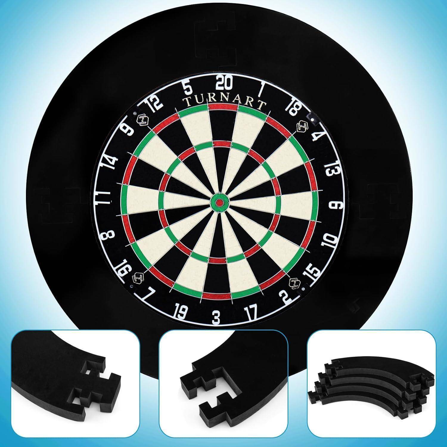 Eine Dartscheibe mit Zahlen von 1 bis 20, umgeben von einem schwarzen kreisförmigen Rahmen. Einblendungen zeigen drei Ansichten der ineinandergreifenden Rahmenteile.
