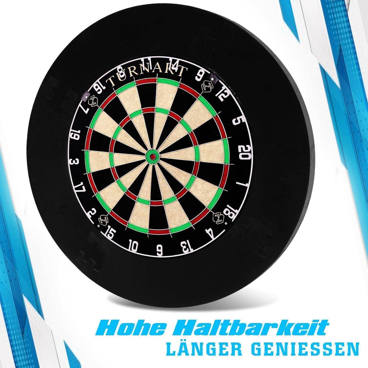 Ein Dartboard mit einem schwarzen äußeren Ring, der Zahlen anzeigt. Text darunter liest sich 