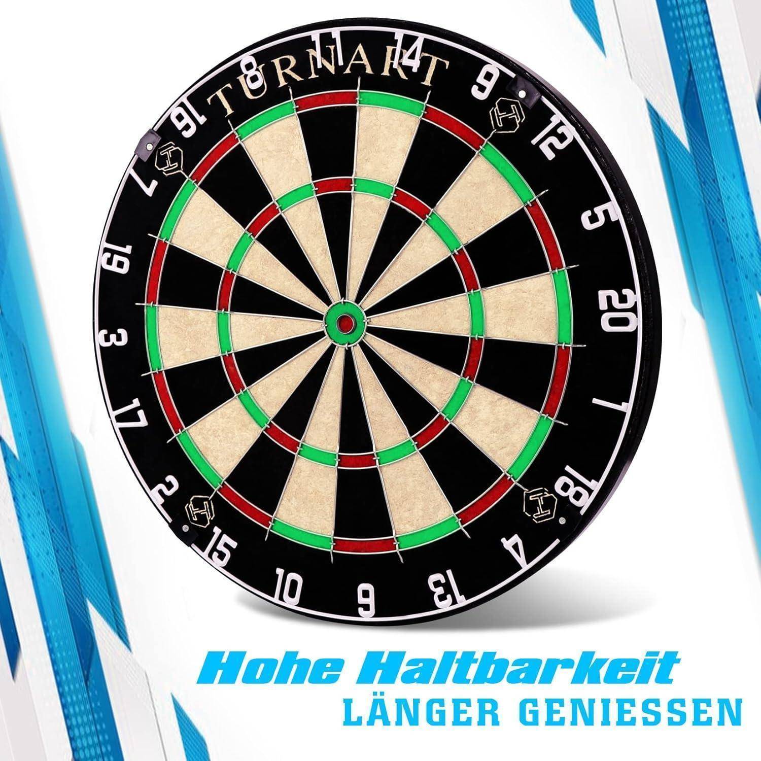 Dartscheibe mit nummerierten schwarzen und weißen Segmenten und farbigen Kreisen. Text liest sich: Hohe Haltbarkeit, Länger Genießen.
