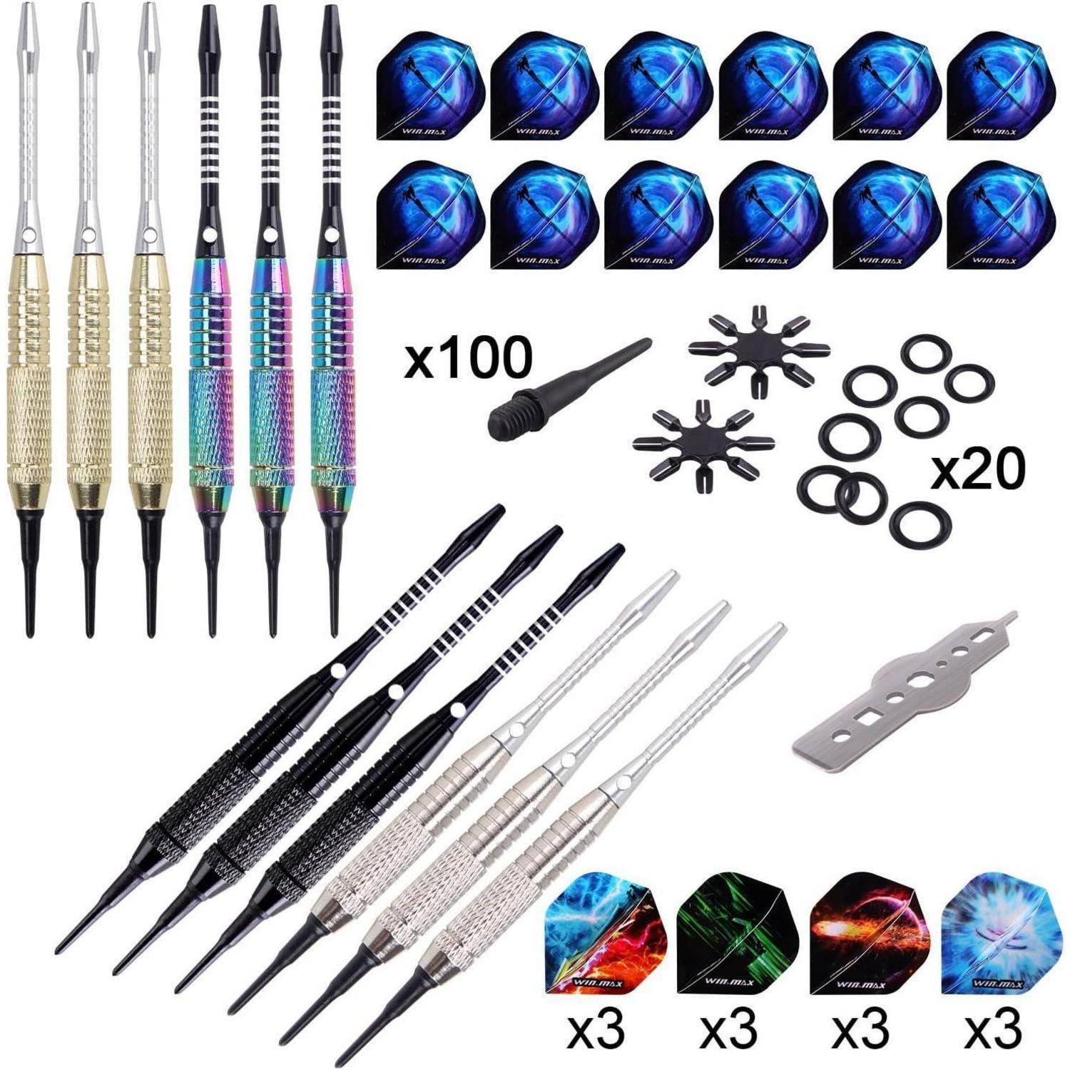 Dart-Set mit mehreren Barrel, Schäften, Flights, Spitzen und Ringen. Enthält 100 Spitzen und 20 Ringe zur Anpassung.