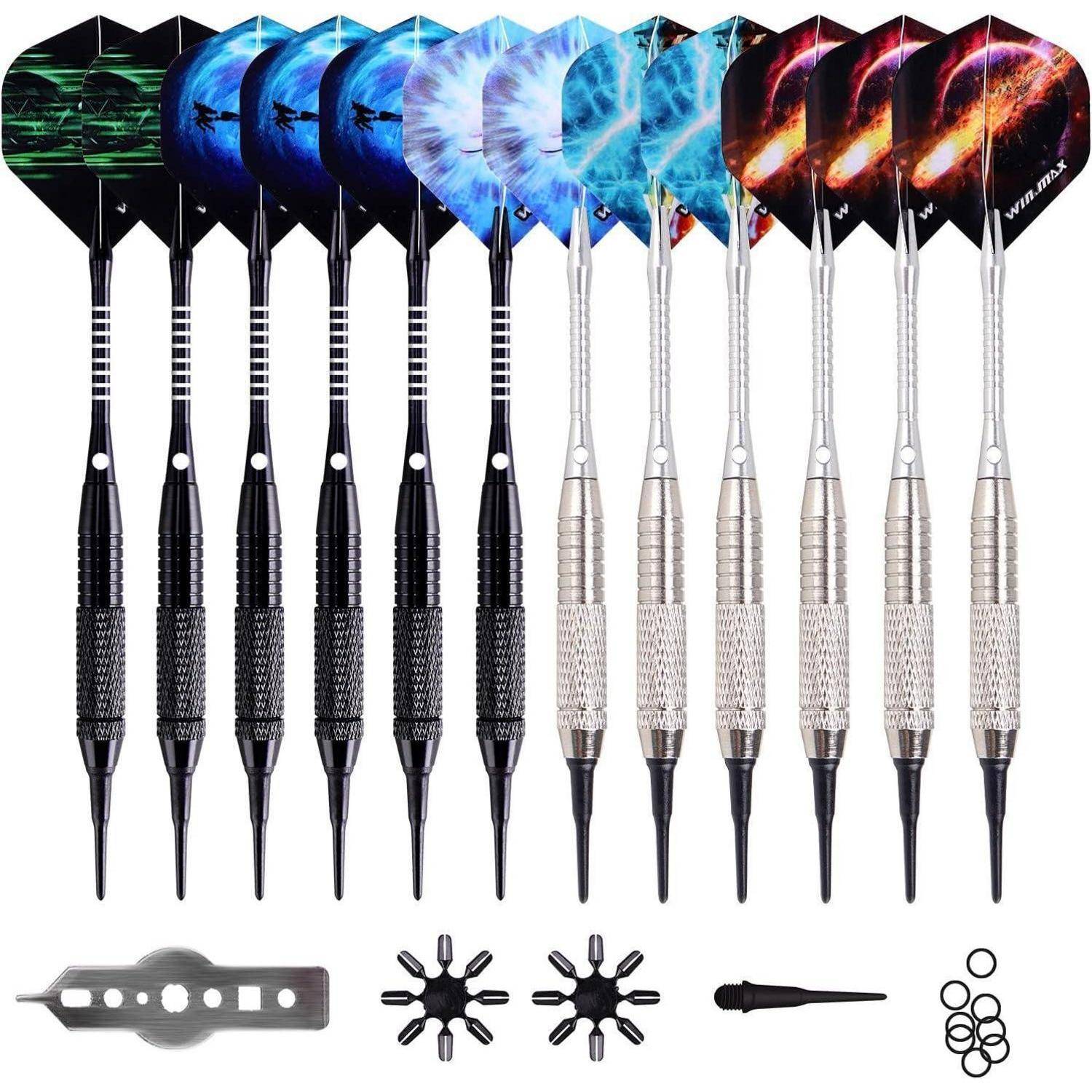 Softdartpfeile Set, 12 Stück, 18g, Kunststoffspitze, Schwarz/Silber