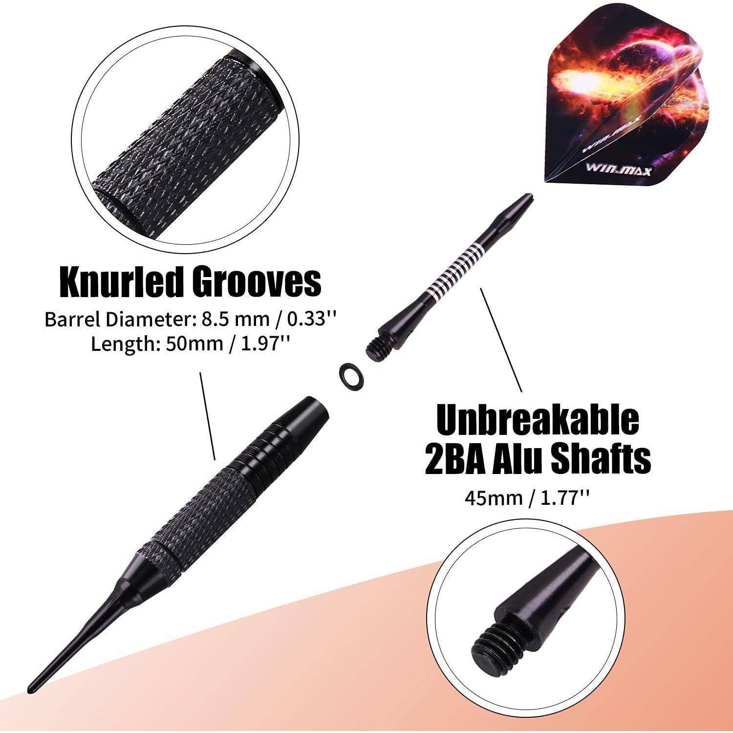 Softdartpfeile Set, 12 Stück, 18g, Kunststoffspitze, Schwarz/Silber