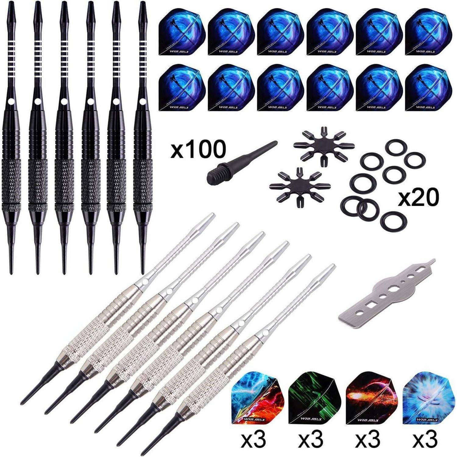 Softdartpfeile Set, 12 Stück, 18g, Kunststoffspitze, Schwarz/Silber