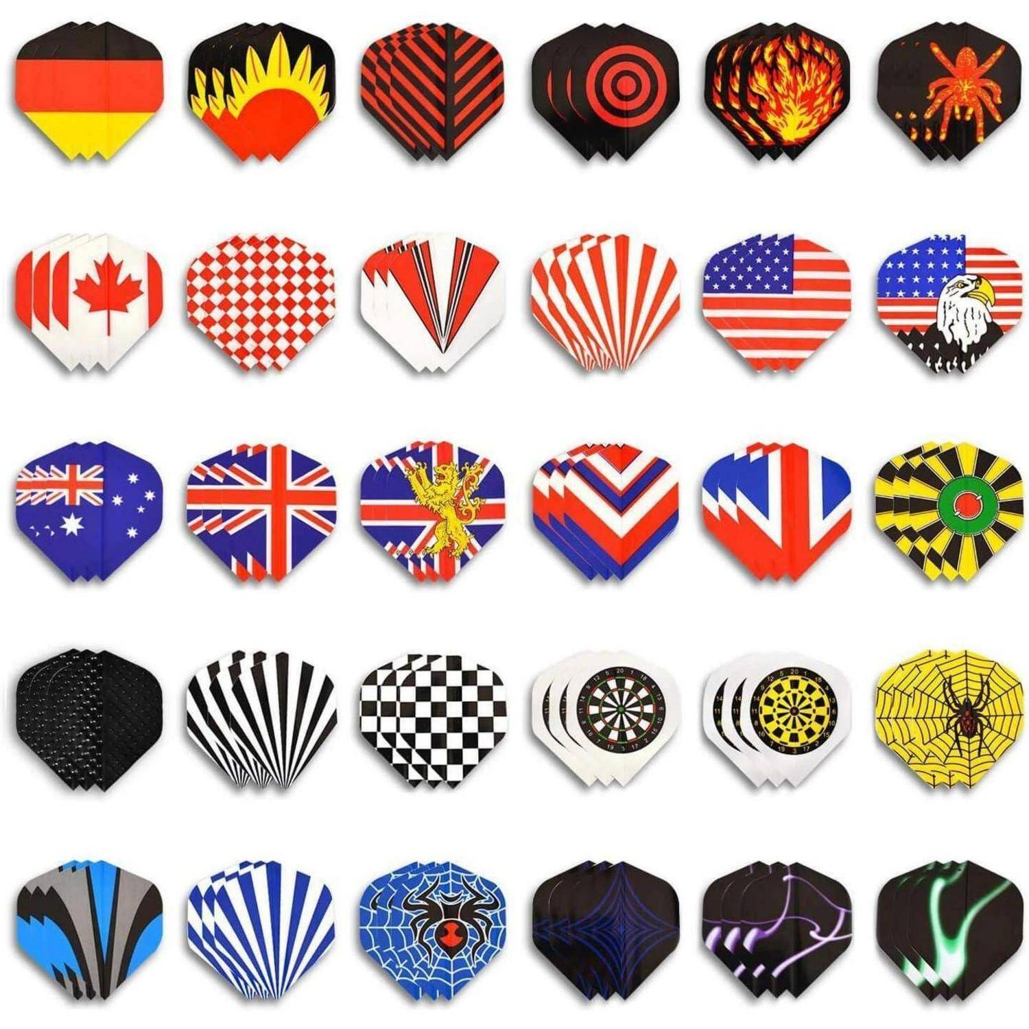 Verschiedene Dartflights mit unterschiedlichen Designs und Mustern, einschließlich Flaggen, geometrischen Formen und thematischen Illustrationen, in vier Reihen angeordnet.