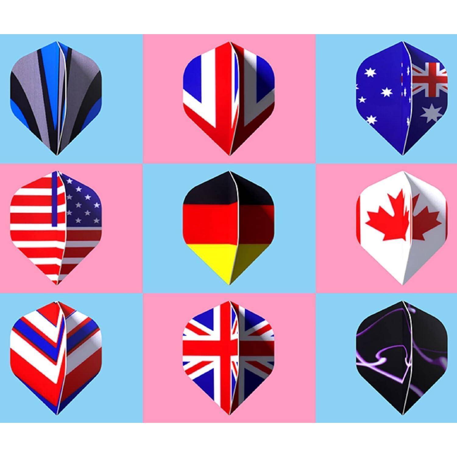 Neun Kite-Schilde mit Flaggen auf einem blau und rosa karierten Hintergrund: Vereinigtes Königreich, Australien, Deutschland, USA und Kanada.