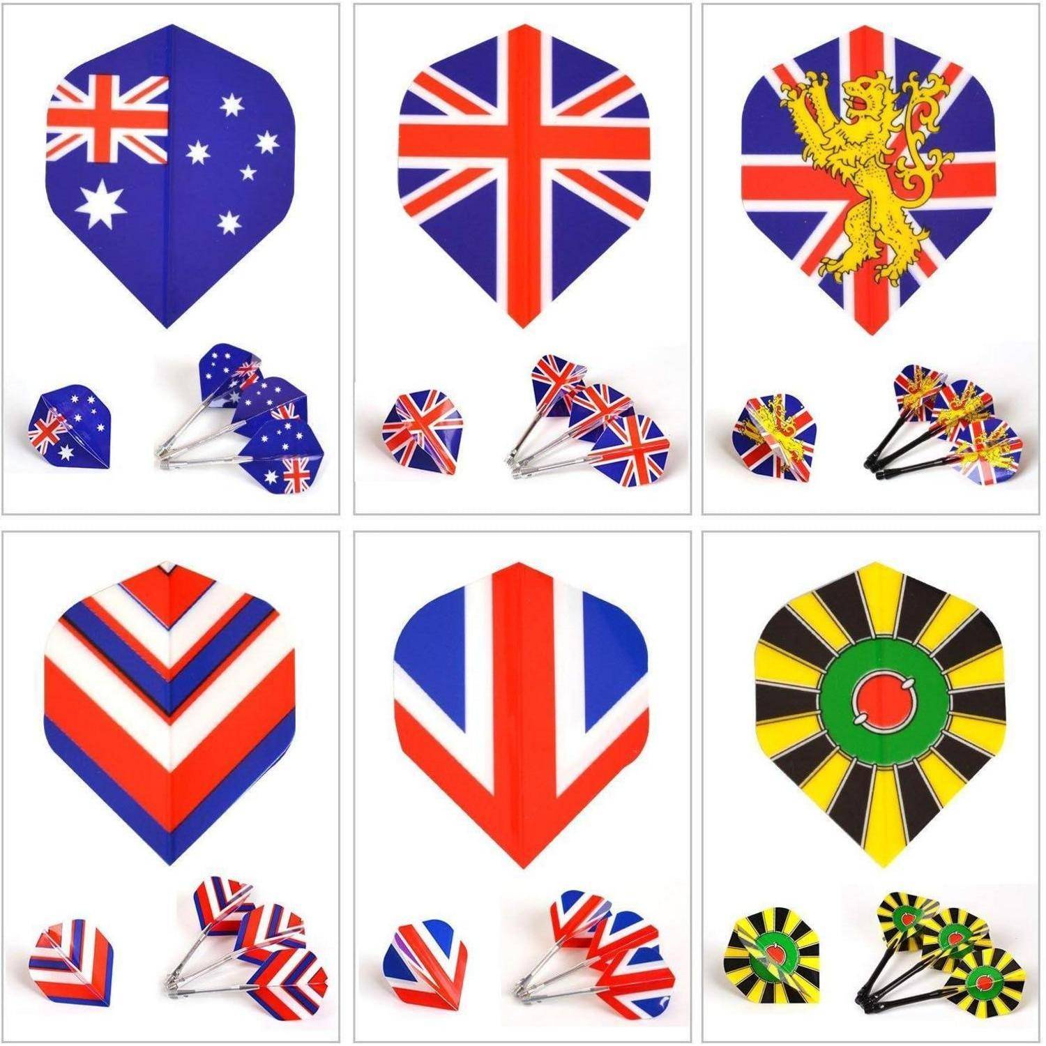 Verschiedene Dartflights mit Flaggen und Mustern: Australiens Flagge, Union Jack mit einem Löwen, Union Jack-Pfeile und abstrakte Designs.
