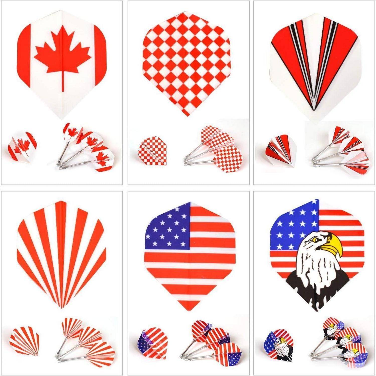Sechs Sätze von Dartflights mit kanadischen und amerikanischen Motiven: Ahornblatt, karierte Muster, Streifen und Sterne mit einem Adler.
