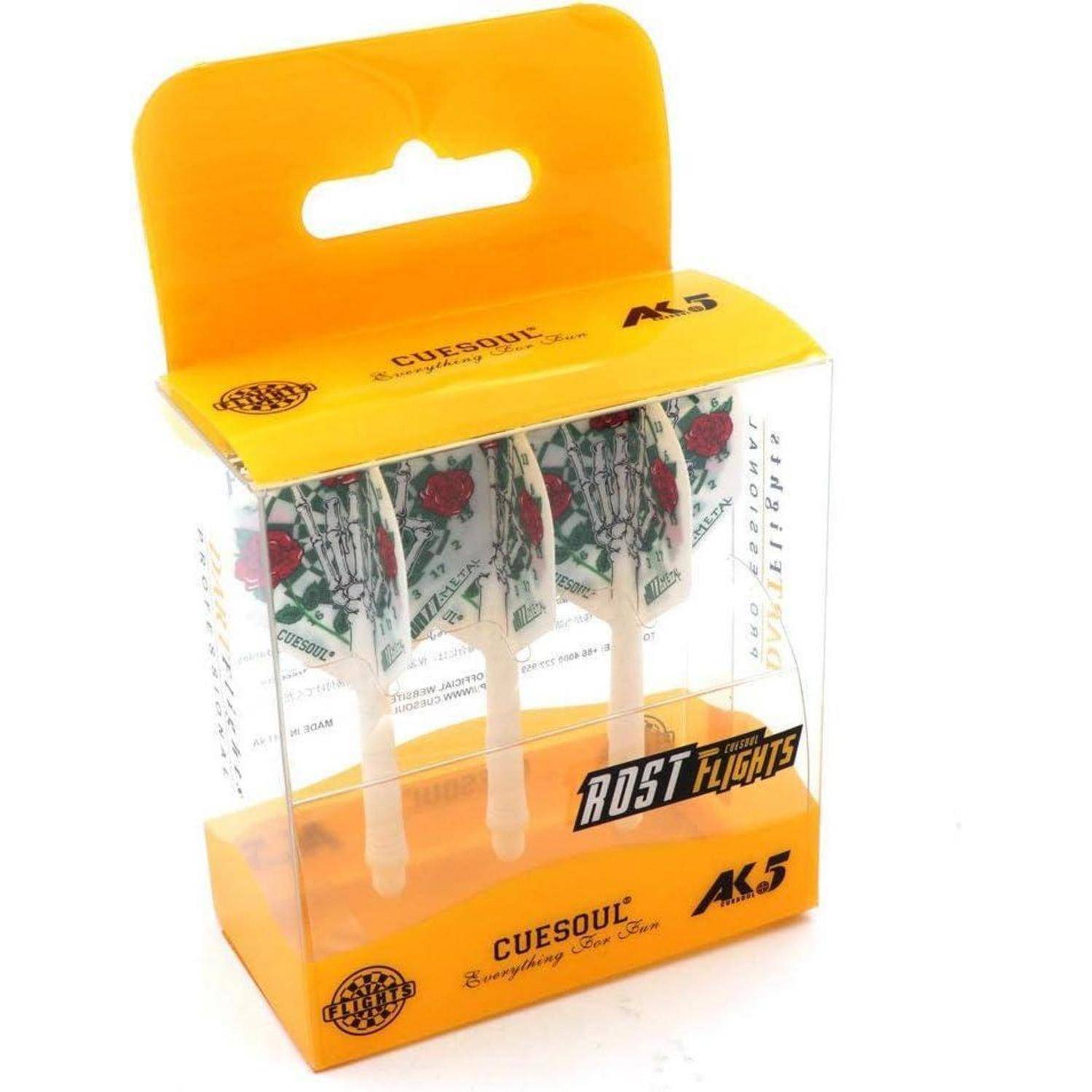 Packung mit Cuesoul AK5 Dartflights mit einem Design, das Rosen und Text zeigt, in einer transparenten Plastikbox mit orangefarbener Basis.