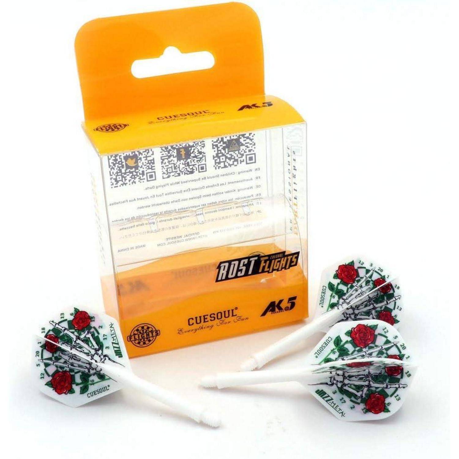 Dart-Flights-Set mit Blumendesigns und Branding, verpackt in einer transparenten Schachtel mit orangefarbenen Details.