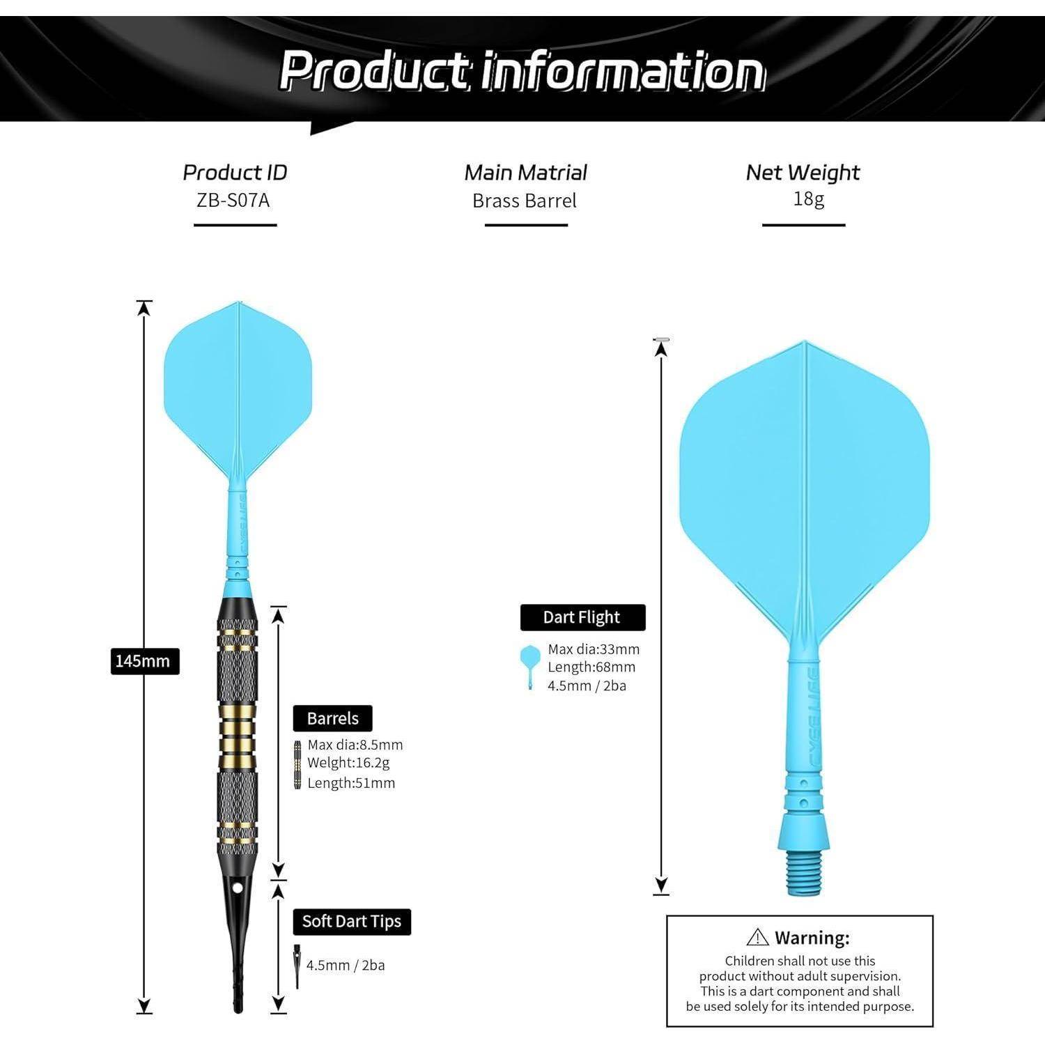 Dart-Spezifikationen: Produkt-ID ZB-507A, Messingleauf, Nettogewicht 18g, Lauflänge 51,3mm, Flügelbreite 4,5mm, Höhe 33mm.