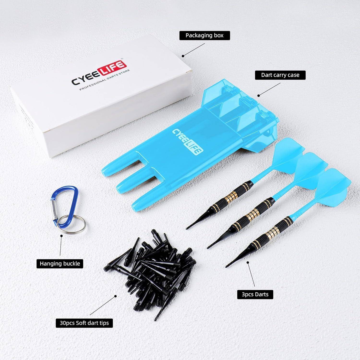 Dartset enthält drei Dartpfeile, eine blaue Dart-Tragetasche, 30 weiche Dartspieleinsätze, eine Aufhängeschlaufe und eine Verpackungsbox mit der Beschriftung 