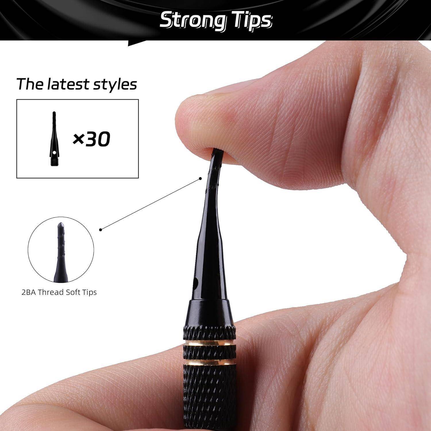 Strong Tips' Verpackung zeigt eine Hand, die einen schwarzen 2BA-Schaftdart mit weicher Spitze hält. Text: 'Die neuesten Styles x30'. Enthält 30 Spitzen.